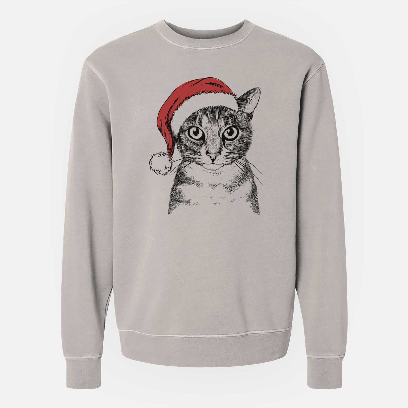 Hand-drawn sketch of Hobbes the Tabby Cat wearing a Santa hat on a Cement Unisex pigment dyed crew sweatshirt
