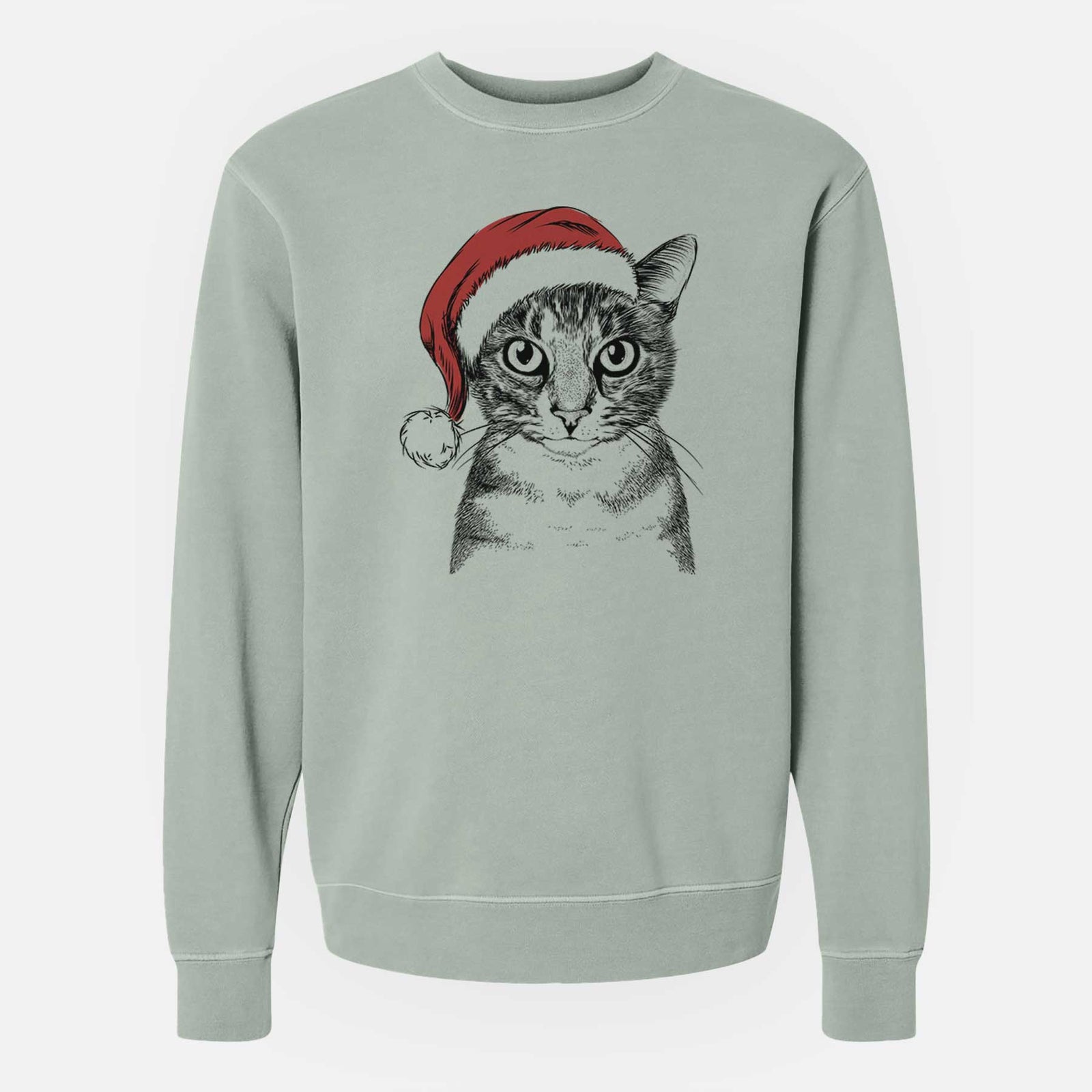 Hand-drawn sketch of Hobbes the Tabby Cat wearing a Santa hat on a Sage Unisex pigment dyed crew sweatshirt
