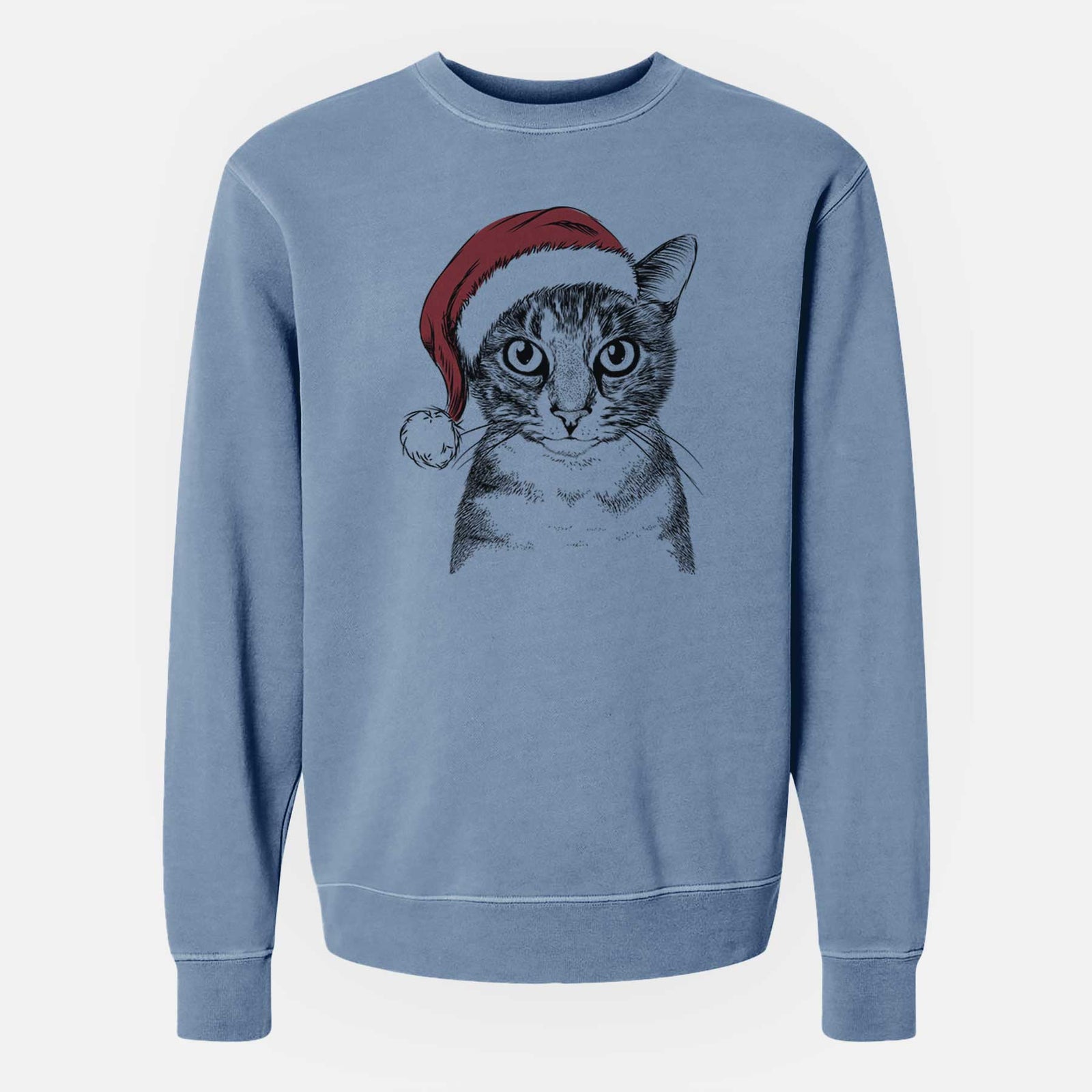 Hand-drawn sketch of Hobbes the Tabby Cat wearing a Santa hat on a Slate Blue Unisex pigment dyed crew sweatshirt