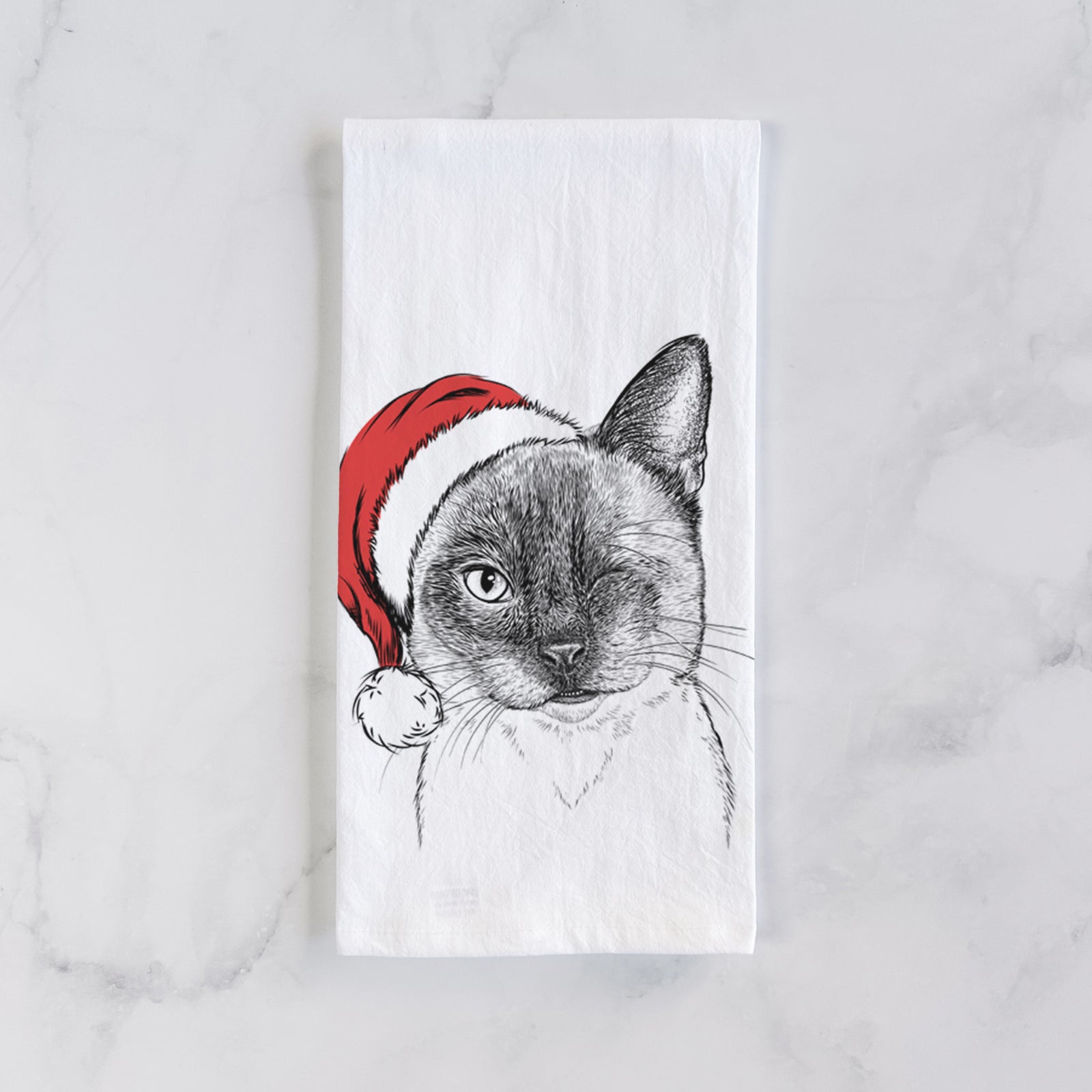 Hand-drawn sketch of Hoggle the Siamese Cat wearing a Santa hat on a tea towel