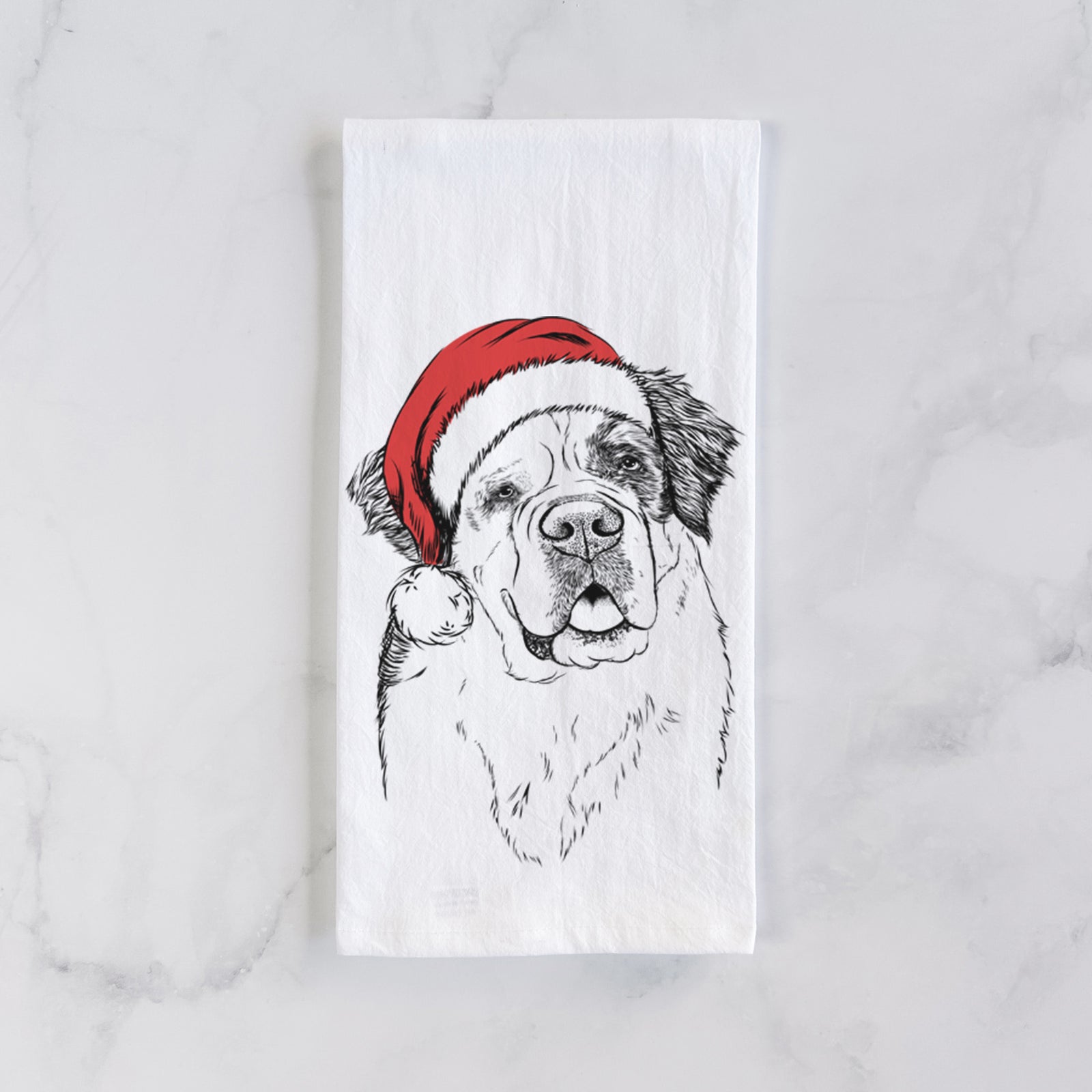 Hand-drawn sketch of Hook the Saint Bernard wearing a Santa hat on a tea towel