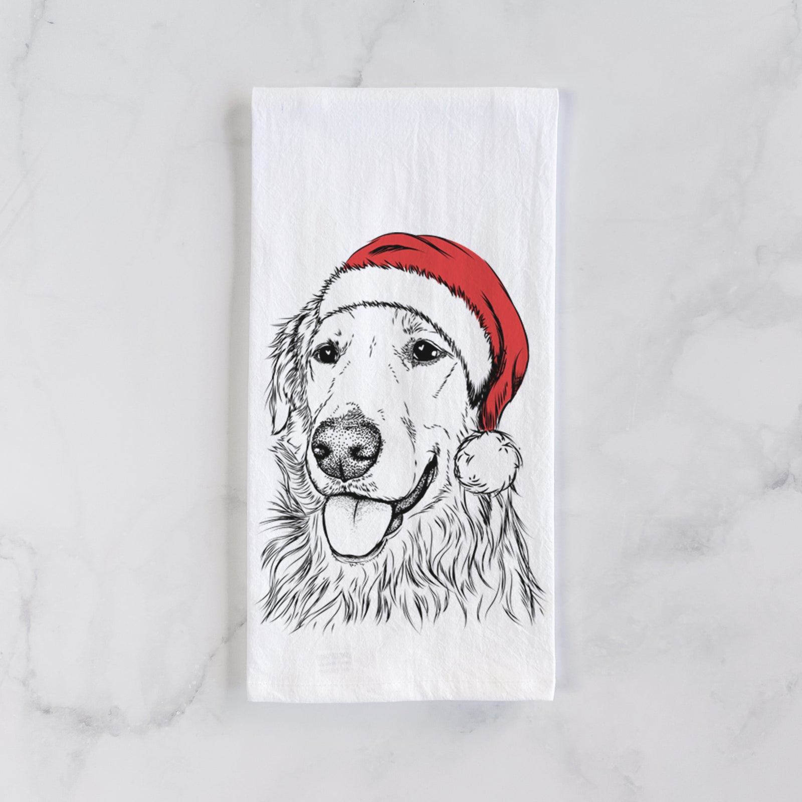 Hand-drawn sketch of Hopper the Golden Retriever wearing a Santa hat on a tea towel