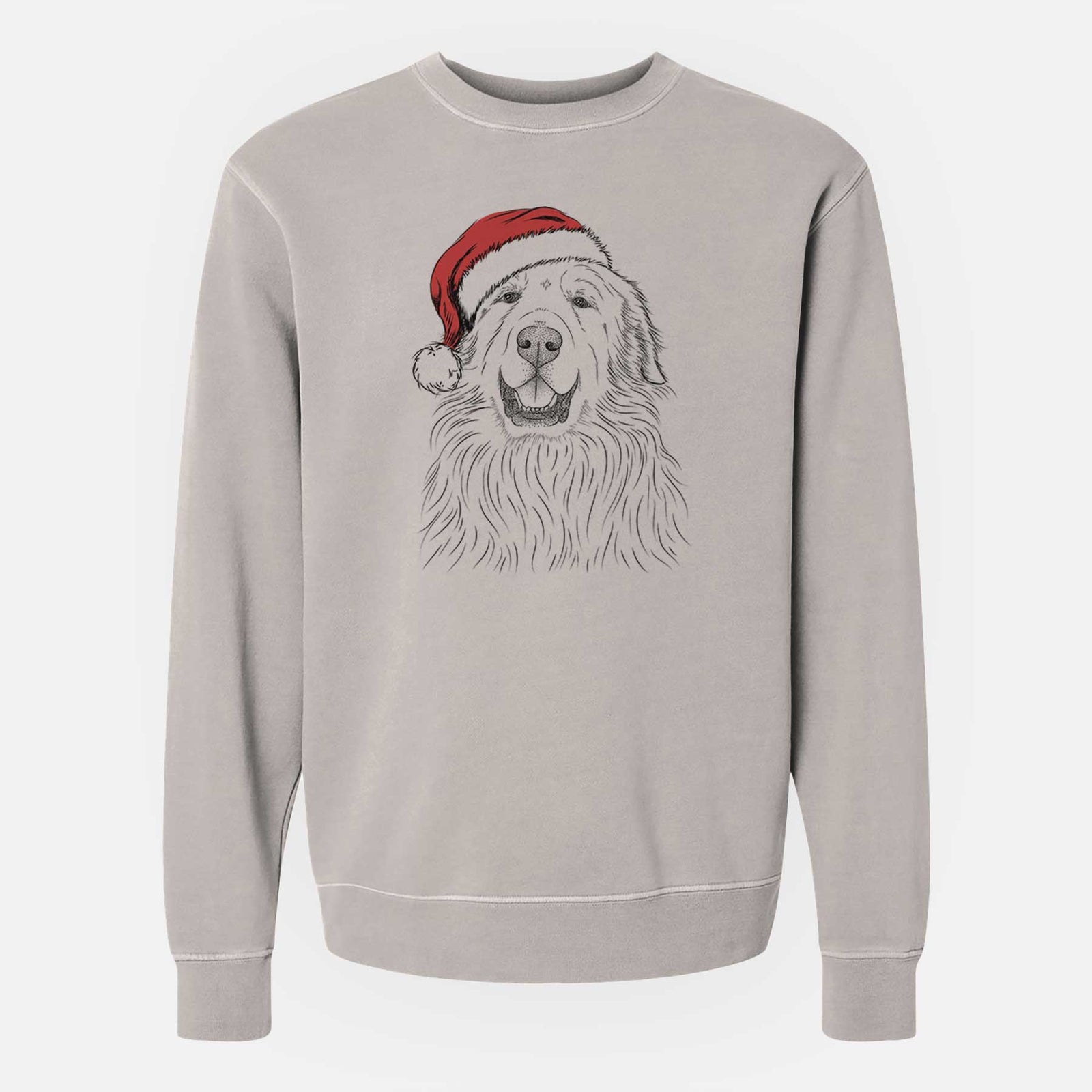 Hand-drawn sketch of Horton the Great Pyrenees wearing a Santa hat on a Cement Unisex pigment dyed crew sweatshirt