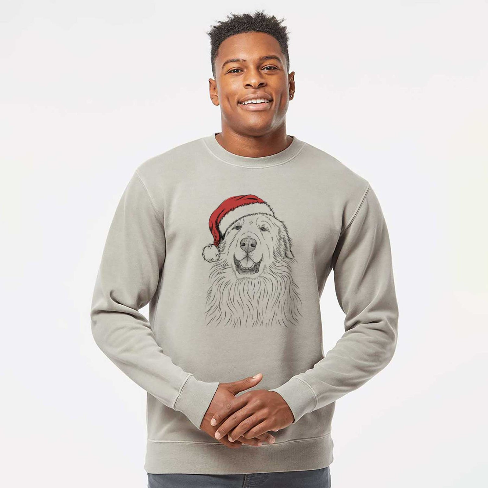 Hand-drawn sketch of Horton the Great Pyrenees wearing a Santa hat on a Cement Unisex pigment dyed crew sweatshirt