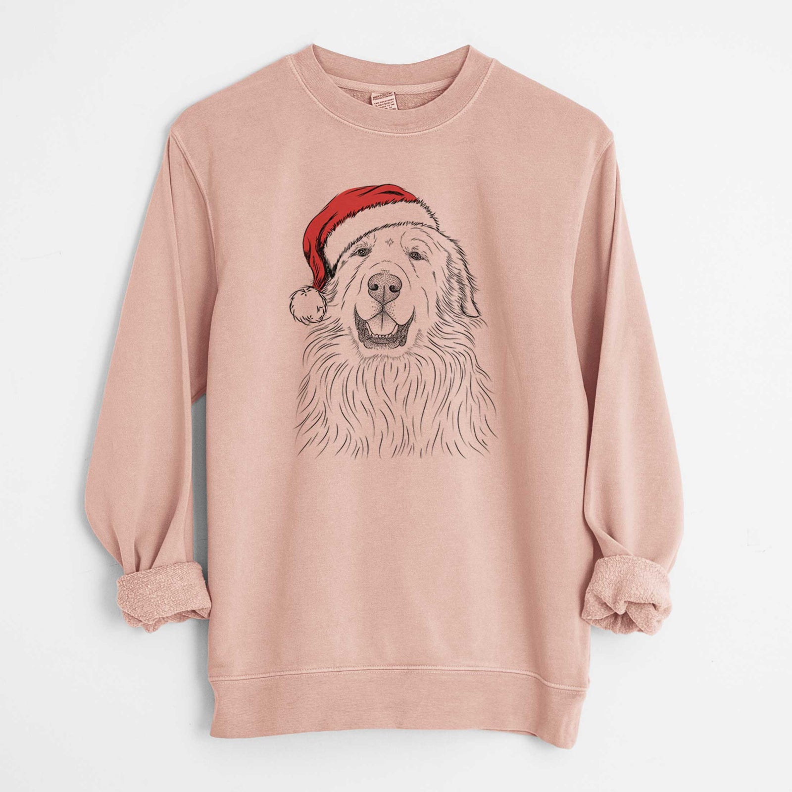 Hand-drawn sketch of Horton the Great Pyrenees wearing a Santa hat on a Dusty Pink Unisex pigment dyed crew sweatshirt