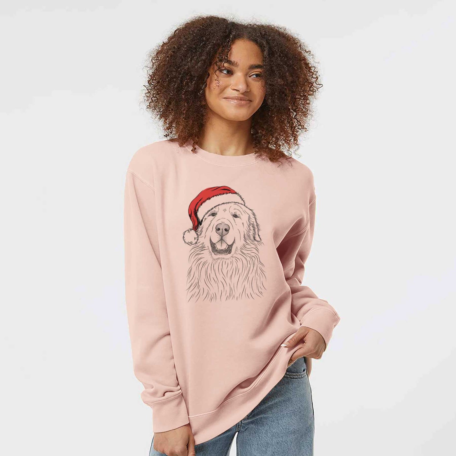 Hand-drawn sketch of Horton the Great Pyrenees wearing a Santa hat on a Dusty Pink Unisex pigment dyed crew sweatshirt
