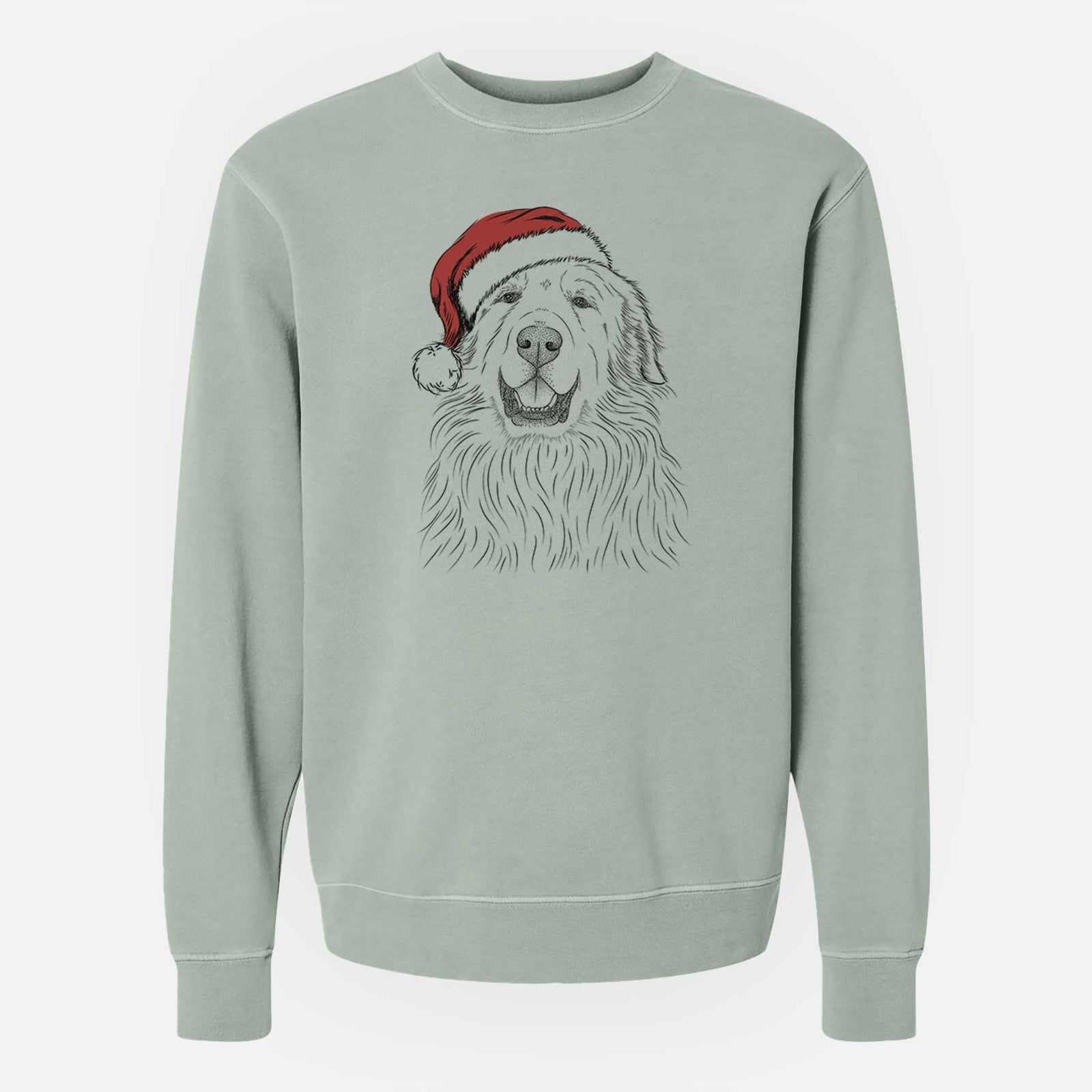 Hand-drawn sketch of Horton the Great Pyrenees wearing a Santa hat on a Sage Unisex pigment dyed crew sweatshirt