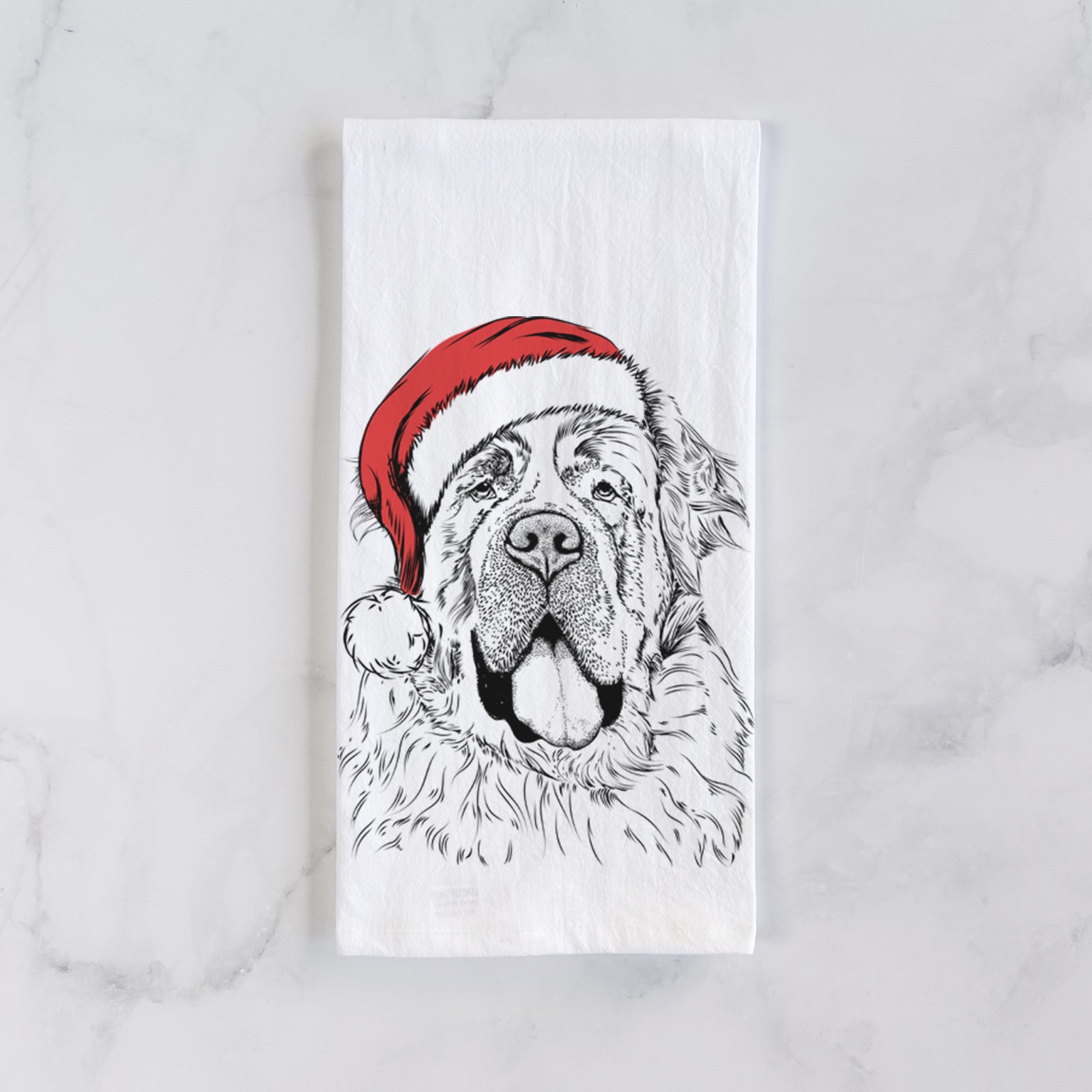 Hand-drawn sketch of Hoss the Saint Bernard wearing a Santa hat on a tea towel