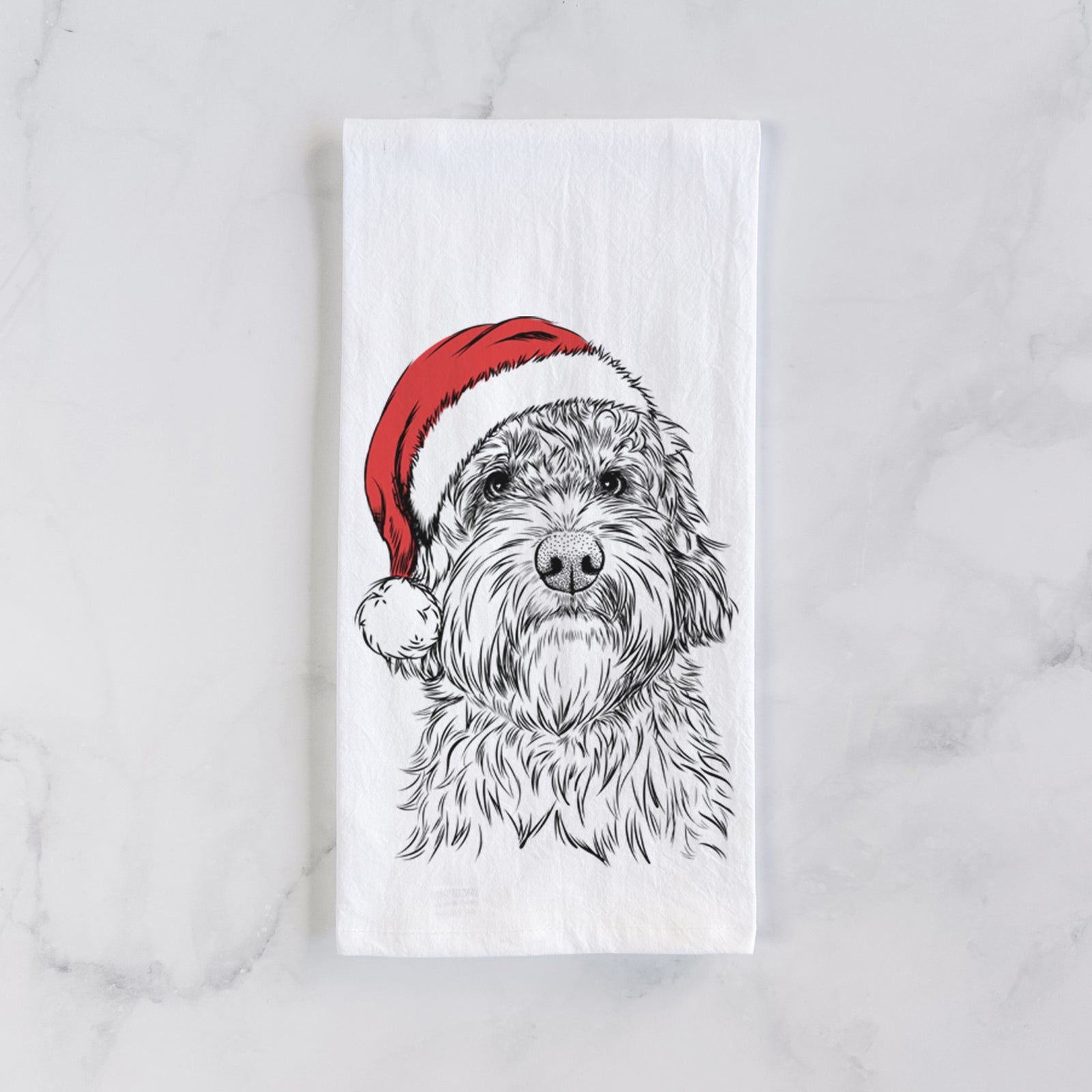 Hand-drawn sketch of Huckleberry the Australian Labradoodle wearing a Santa hat on a tea towel