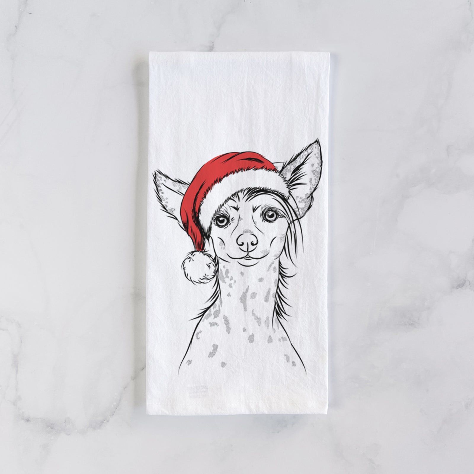 Hand-drawn sketch of Hudson the Chinese Crested wearing a Santa hat on a tea towel