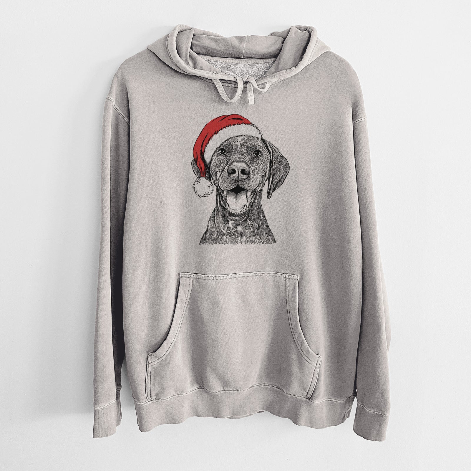 Hand-drawn sketch of Hudson the German Shorthaired Pointer wearing a Santa hat on a Cement Unisex pigment dyed hoodie