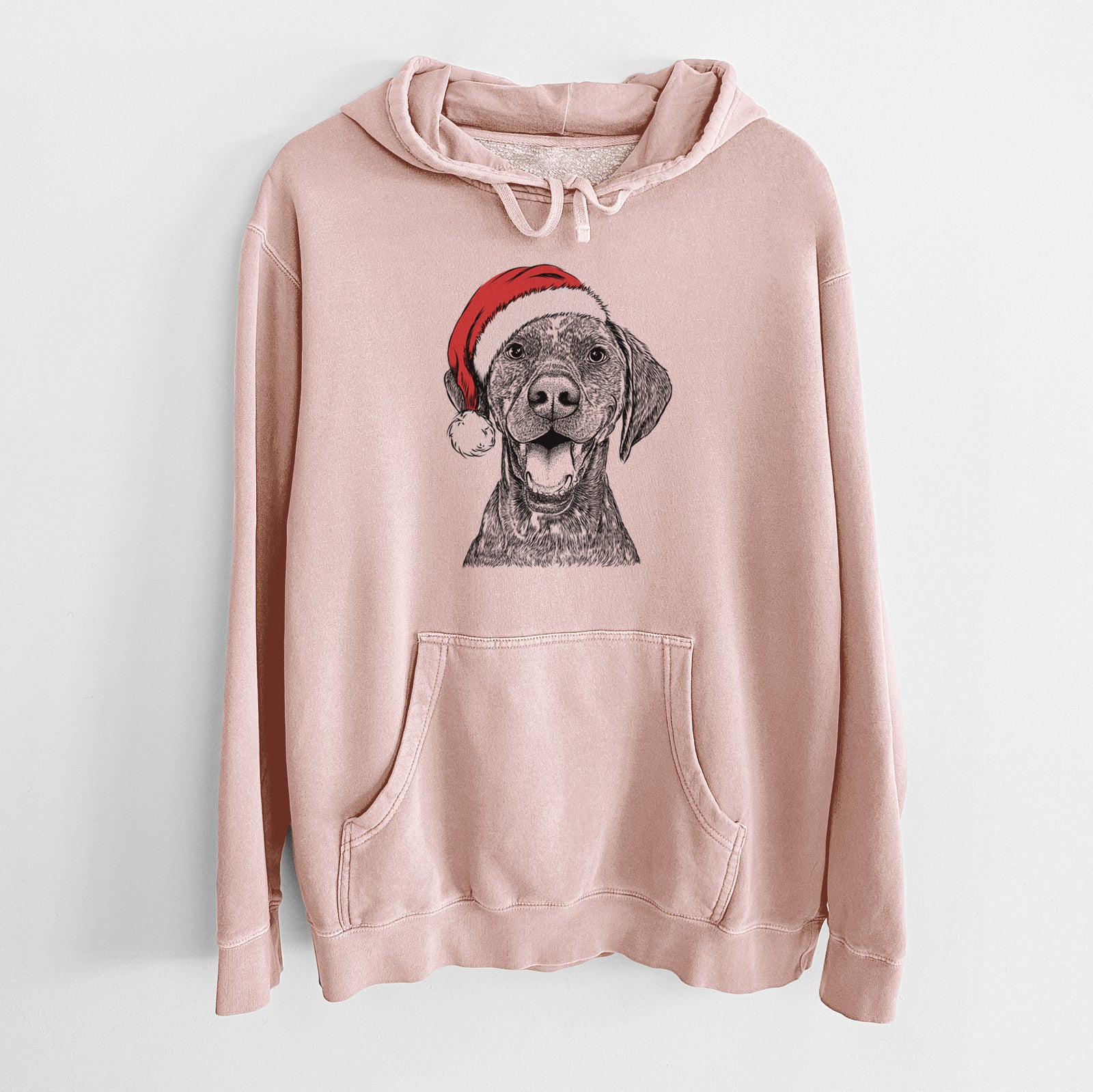 Hand-drawn sketch of Hudson the German Shorthaired Pointer wearing a Santa hat on a Dusty Pink Unisex pigment dyed hoodie
