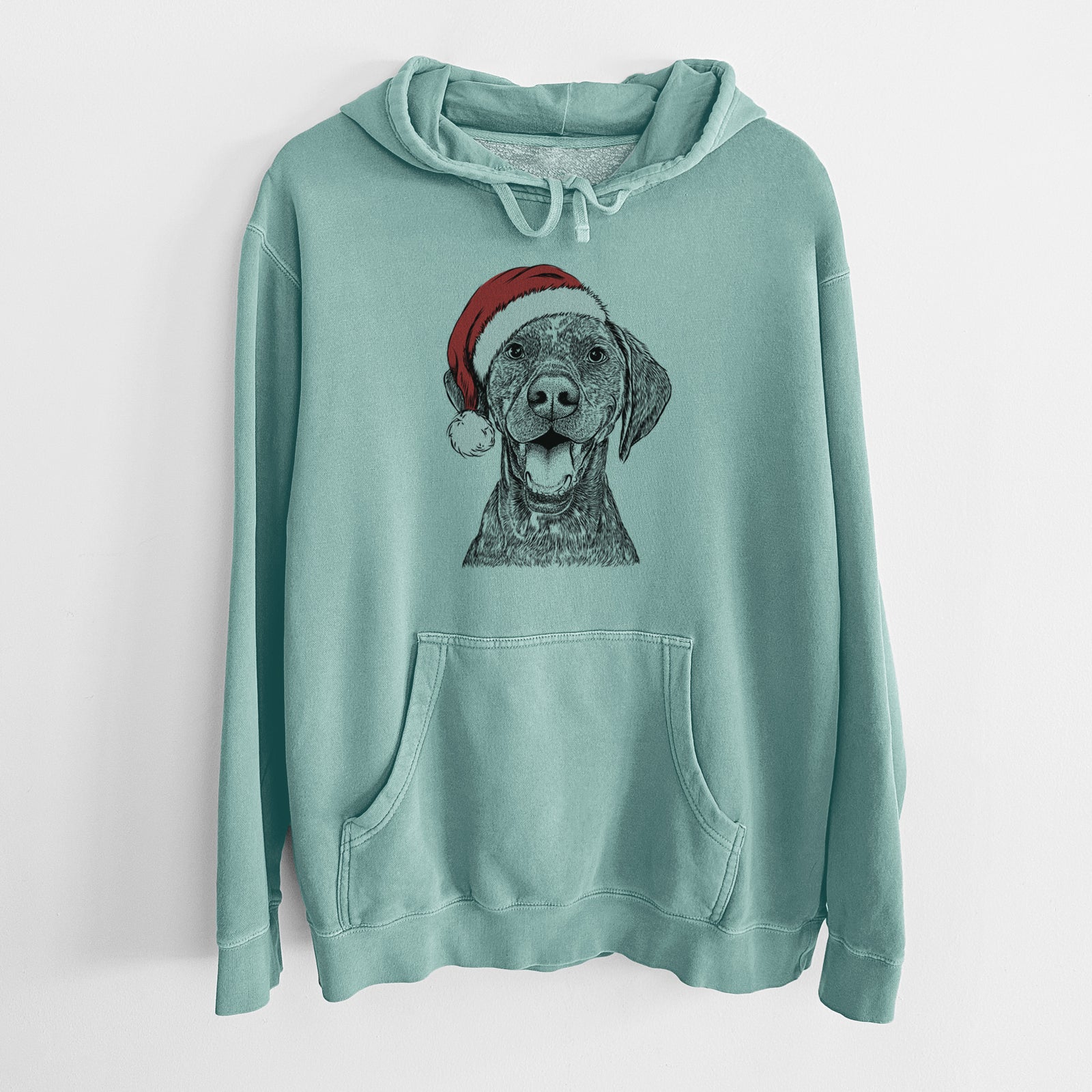 Hand-drawn sketch of Hudson the German Shorthaired Pointer wearing a Santa hat on a Mint Unisex pigment dyed hoodie