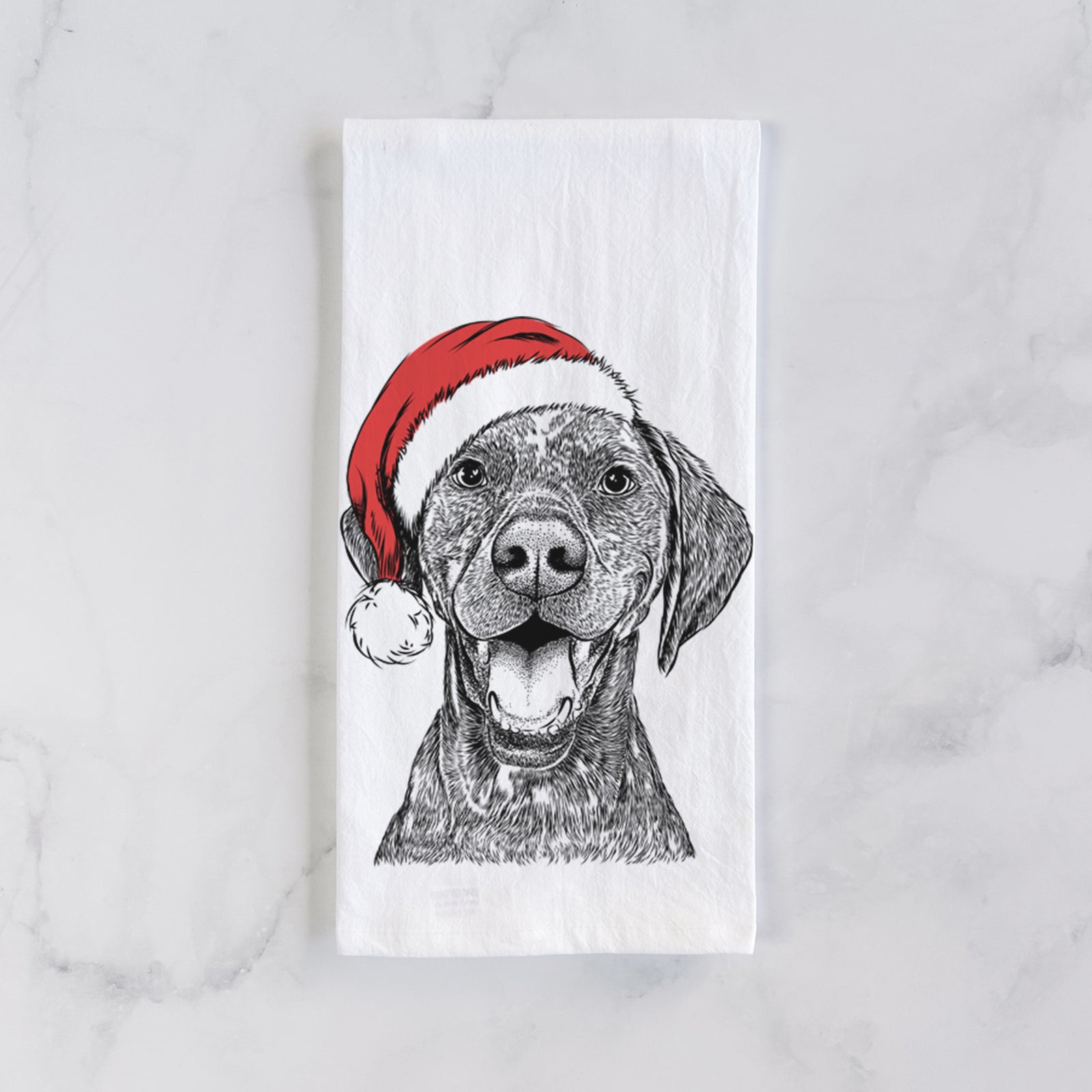 Hand-drawn sketch of Hudson the German Shorthaired Pointer wearing a Santa hat on a tea towel