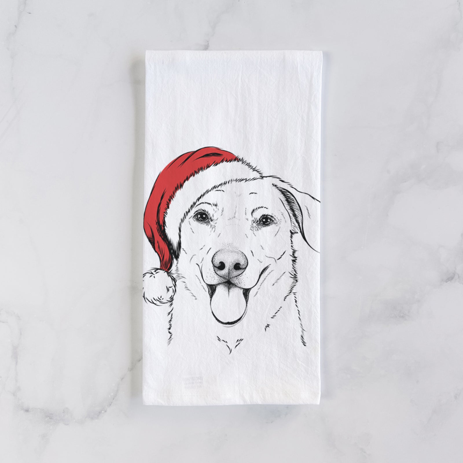 Hand-drawn sketch of Hudson the Shepherd wearing a Santa hat on a tea towel