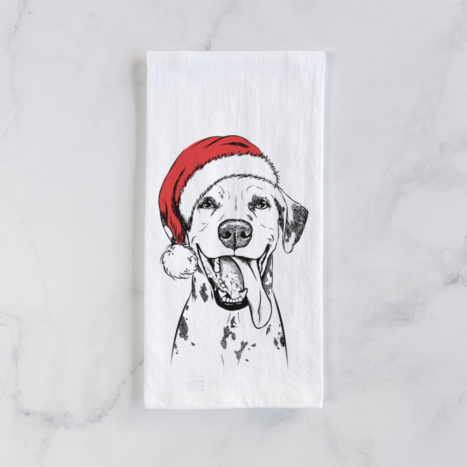 Hand-drawn sketch of Hydro the Dalmatian wearing a Santa hat on a tea towel