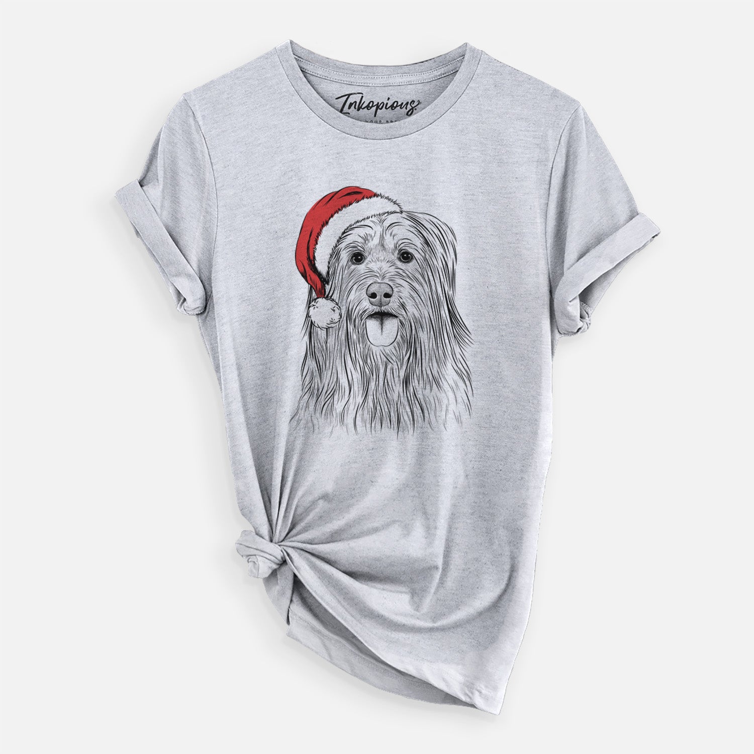 Hand-drawn sketch of Indy the Korean Sapsali wearing a Santa hat on a Grey Unisex crewneck