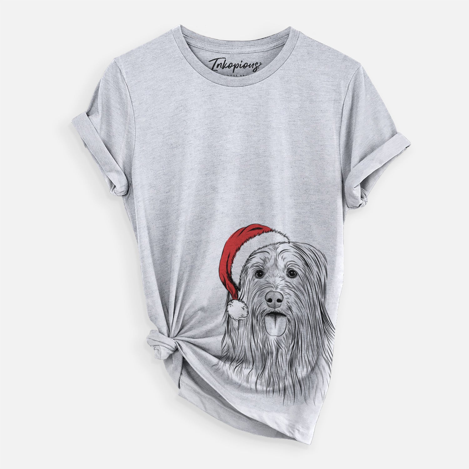 Hand-drawn sketch of Indy the Korean Sapsali wearing a Santa hat on a Grey Unisex crewneck