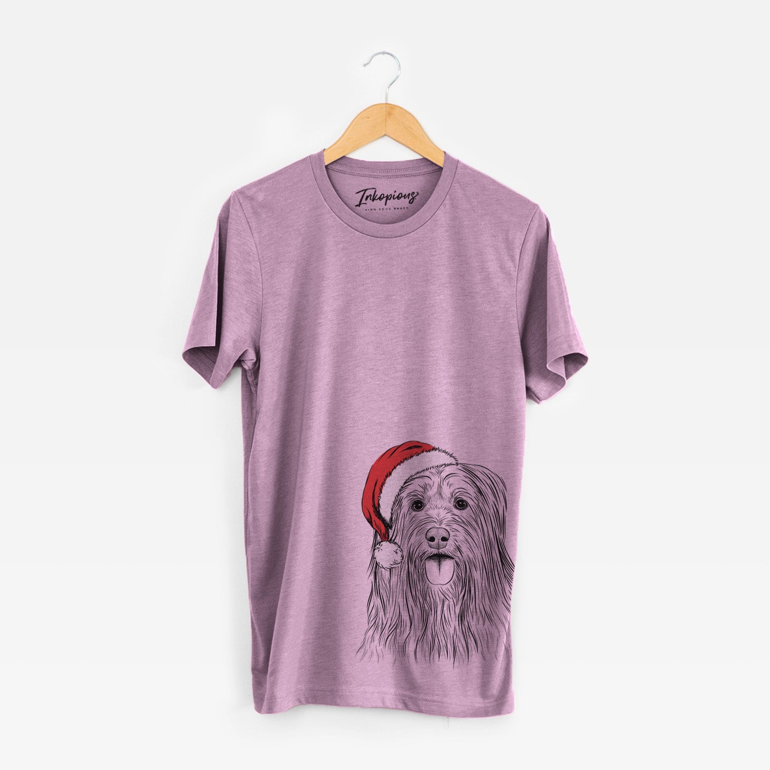 Hand-drawn sketch of Indy the Korean Sapsali wearing a Santa hat on an Orchid Unisex crewneck