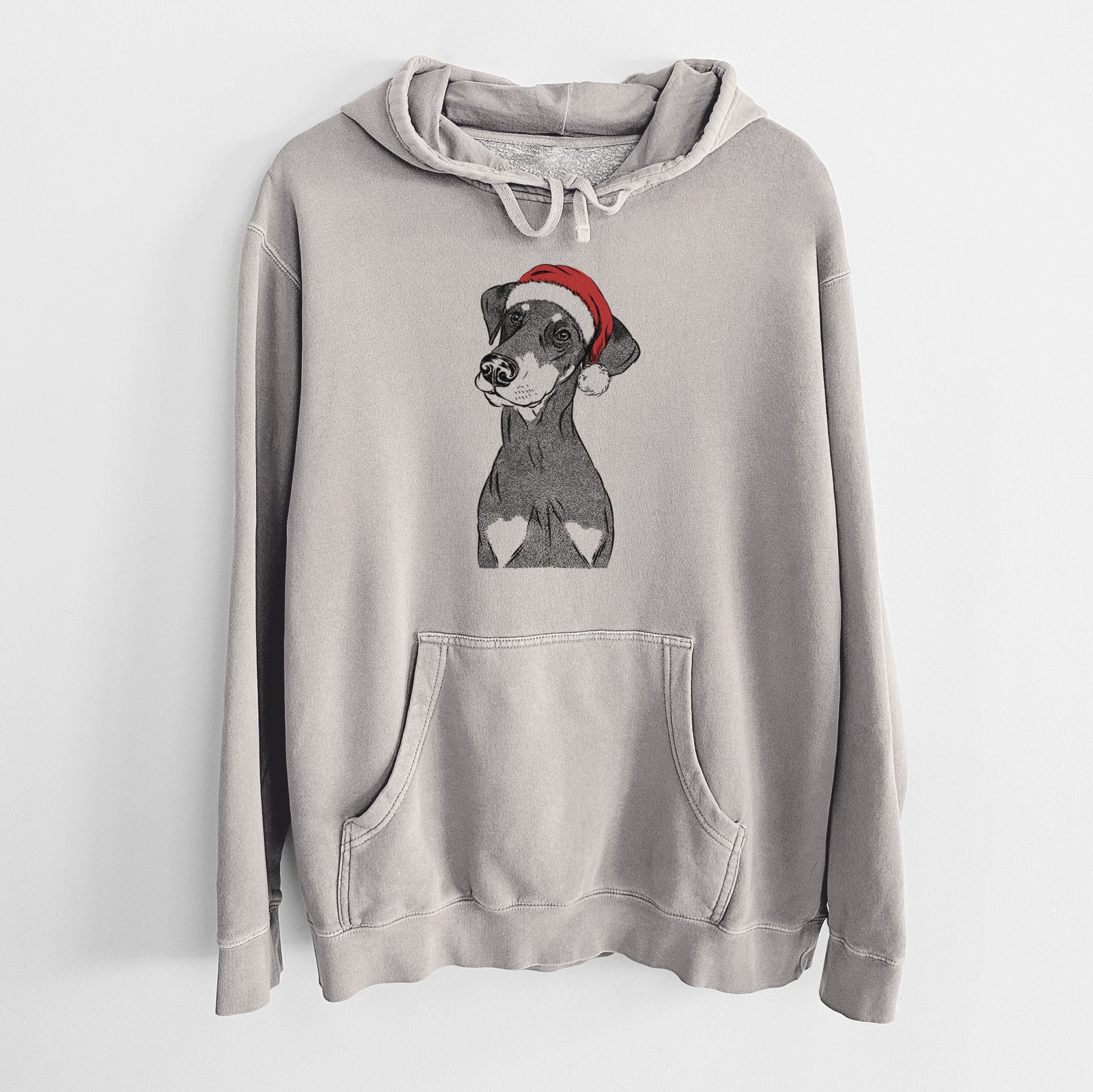 Hand-drawn sketch of Iroh the Doberman Pinscher wearing a Santa hat on a Cement Unisex pigment dyed hoodie