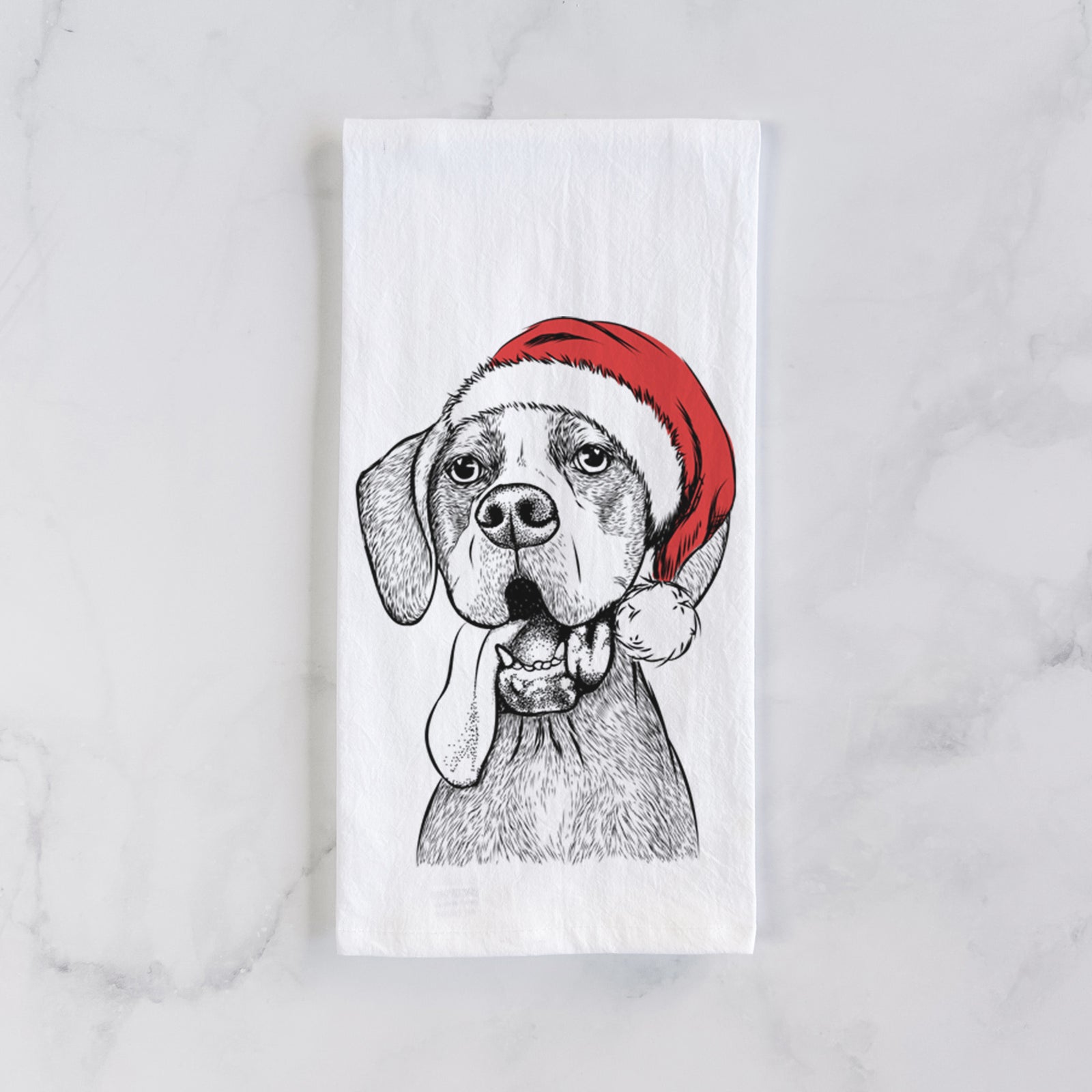 Hand-drawn sketch of Irwin the English Pointer wearing a Santa hat on a tea towel