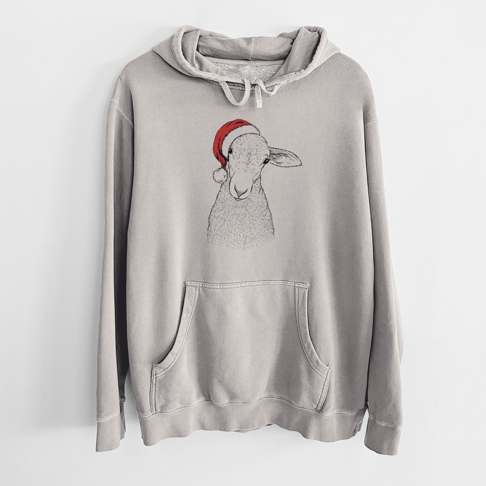 Hand-drawn sketch of Ivy the Lamb wearing a Santa hat on a Cement Unisex pigment dyed hoodie