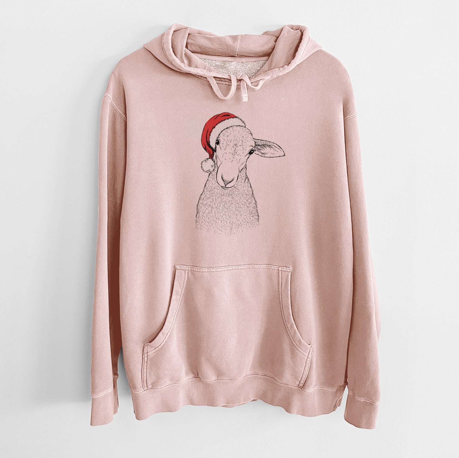 Hand-drawn sketch of Ivy the Lamb wearing a Santa hat on a Dusty Pink Unisex pigment dyed hoodie