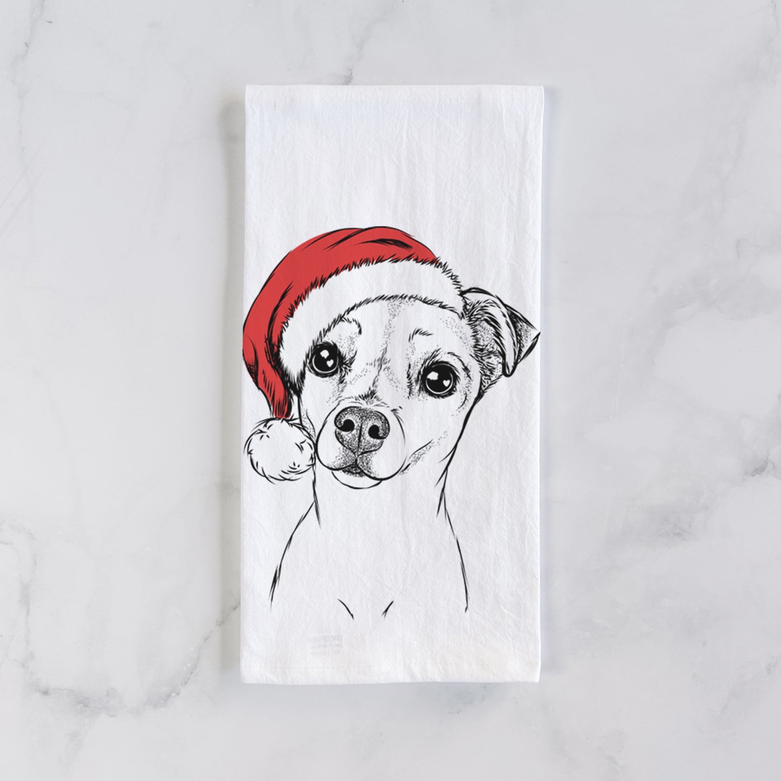 Hand-drawn sketch of Izzy the Chiweenie wearing a Santa hat on a tea towel