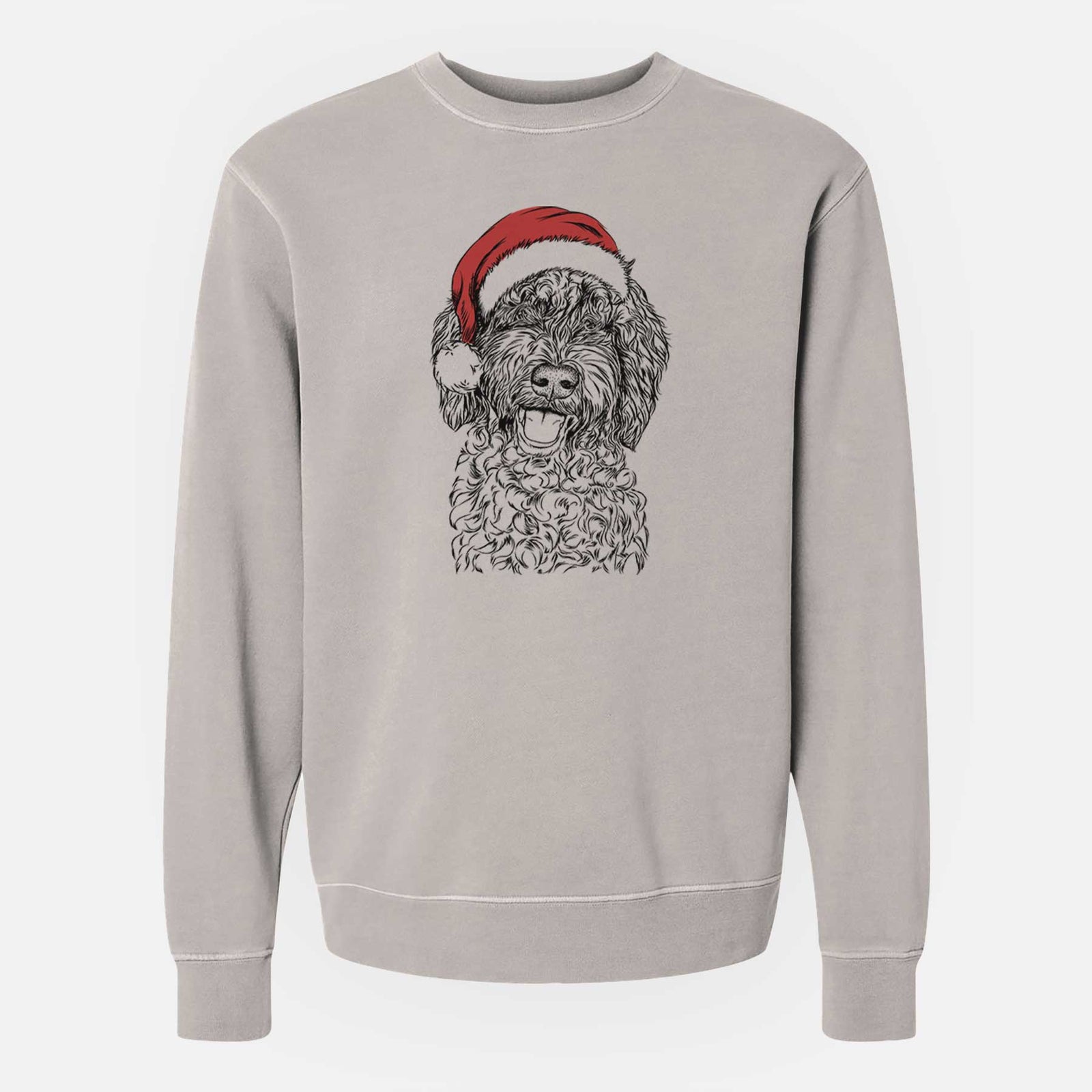 Hand-drawn sketch of Jack the Chocolate Labradoodle wearing a Santa hat on a Cement Unisex pigment dyed crew sweatshirt