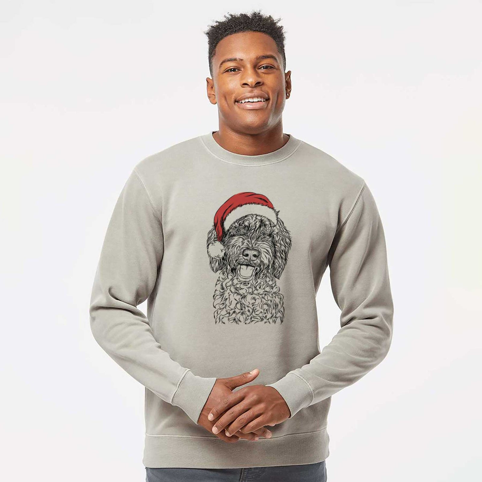Hand-drawn sketch of Jack the Chocolate Labradoodle wearing a Santa hat on a Cement Unisex pigment dyed crew sweatshirt