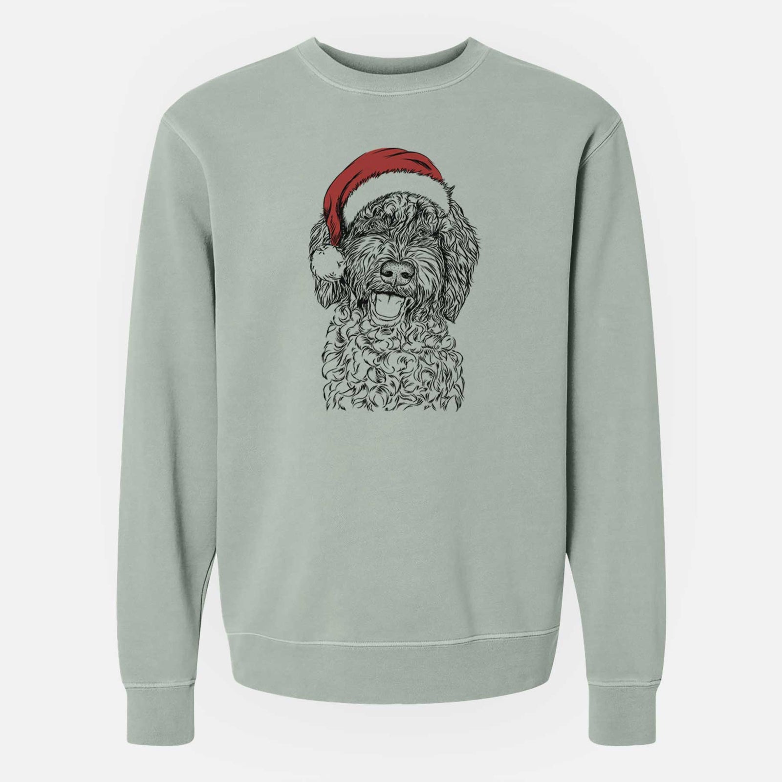 Hand-drawn sketch of Jack the Chocolate Labradoodle wearing a Santa hat on a Sage Unisex pigment dyed crew sweatshirt