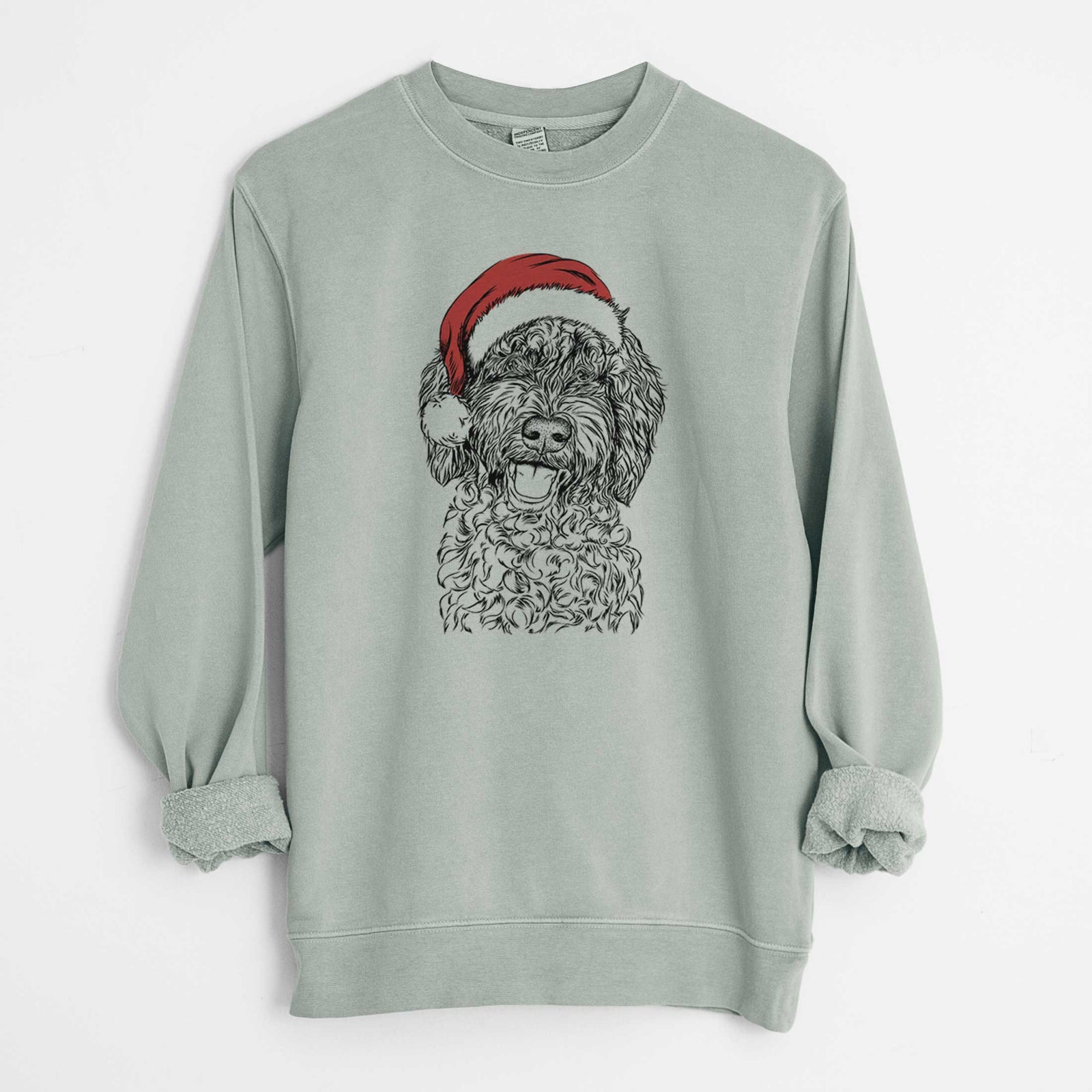 Hand-drawn sketch of Jack the Chocolate Labradoodle wearing a Santa hat on a Sage Unisex pigment dyed crew sweatshirt