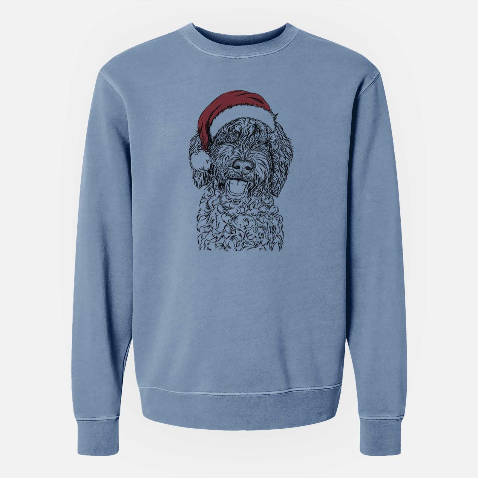 Hand-drawn sketch of Jack the Chocolate Labradoodle wearing a Santa hat on a Slate Blue Unisex pigment dyed crew sweatshirt