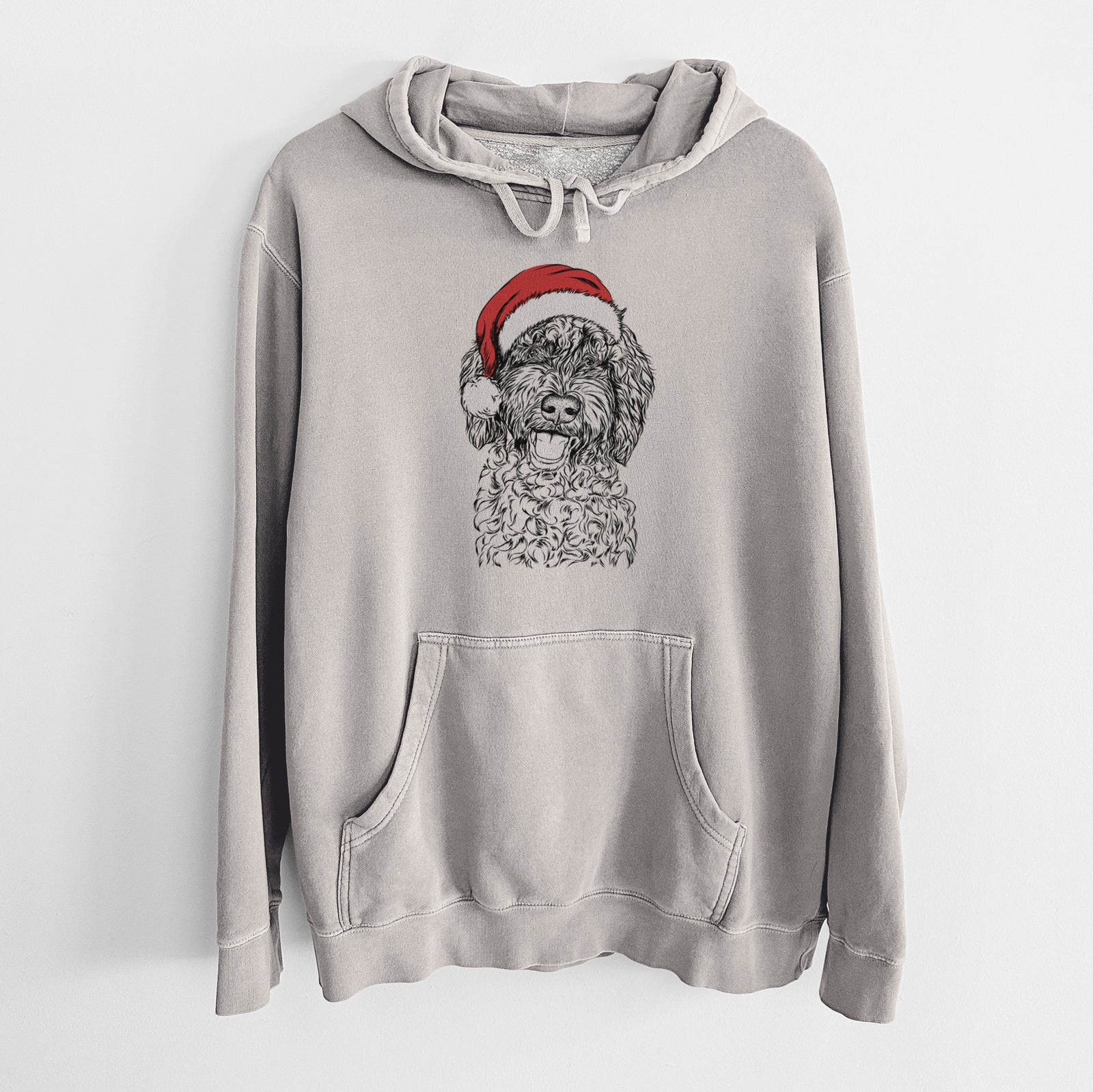 Hand-drawn sketch of Jack the Chocolate Labradoodle wearing a Santa hat on a Cement Unisex pigment dyed hoodie