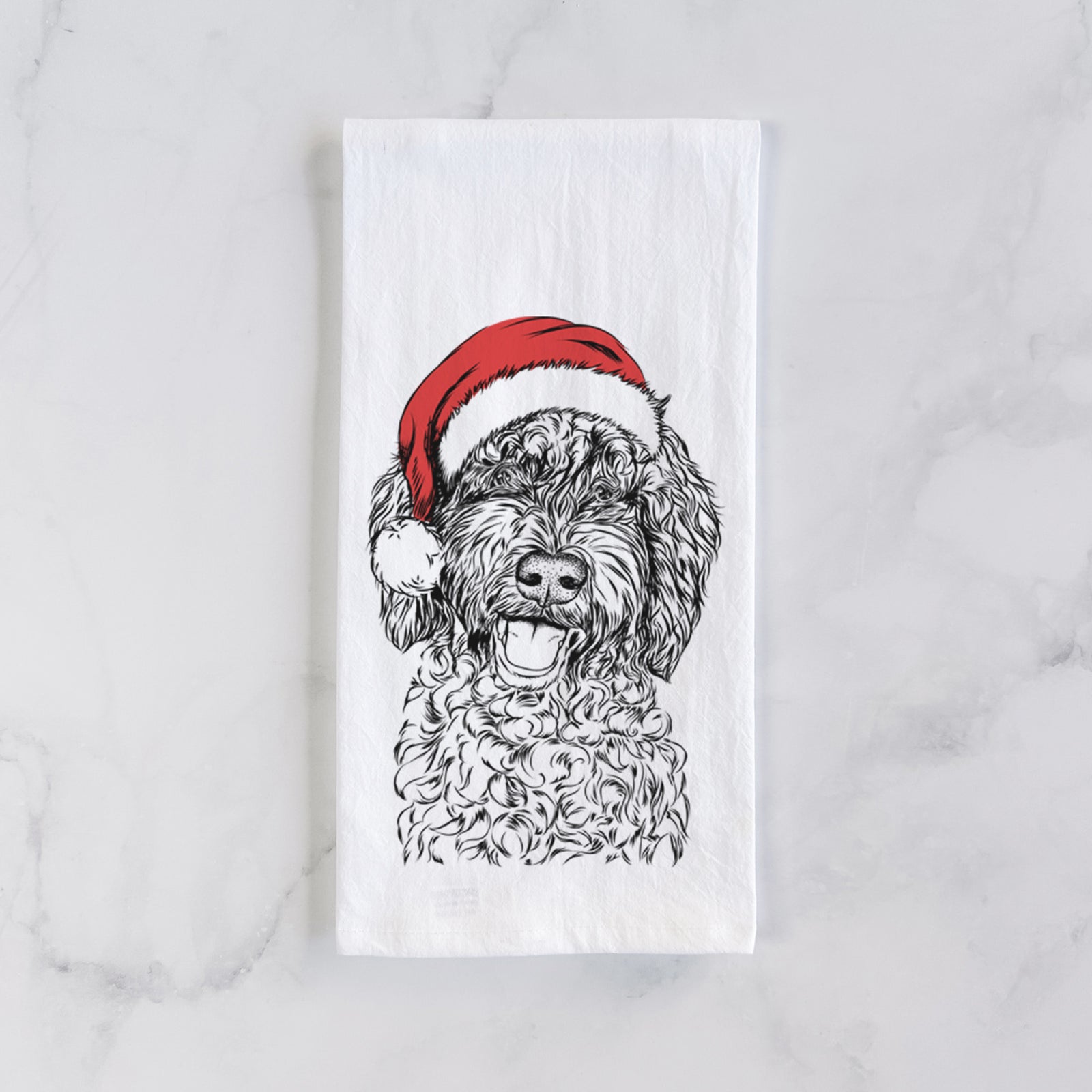 Hand-drawn sketch of Jack the Chocolate Labradoodle wearing a Santa hat on a tea towel