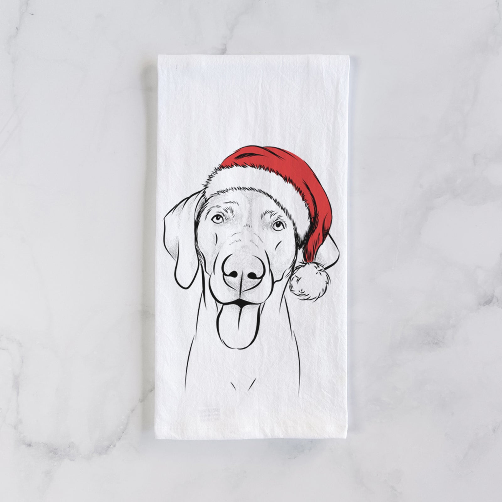 Hand-drawn sketch of Jackson the Weimaraner wearing a Santa hat on a tea towel