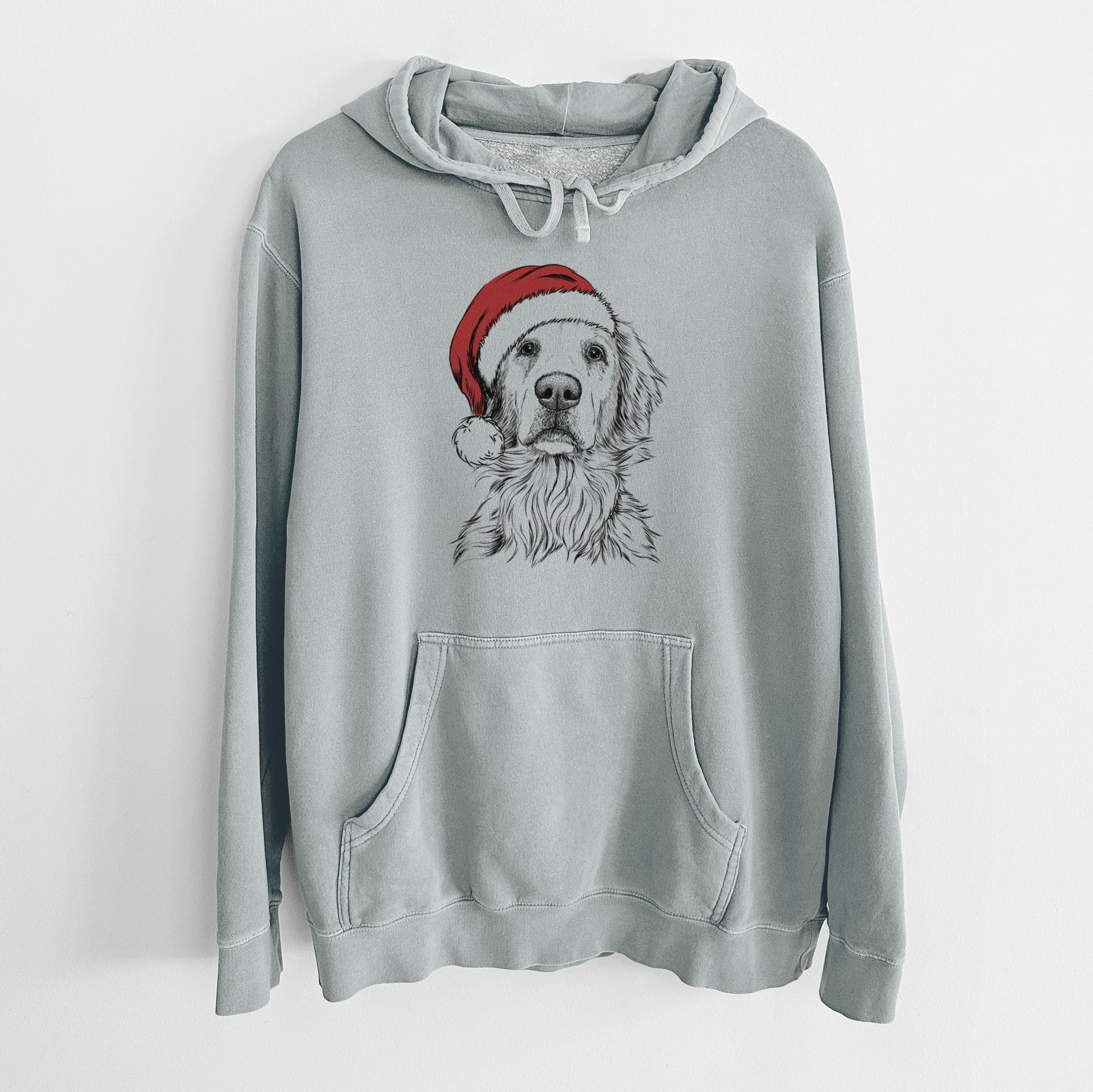 Hand-drawn sketch of Jake aroni the Golden Retriever wearing a Santa hat on a Sage Unisex pigment dyed hoodie