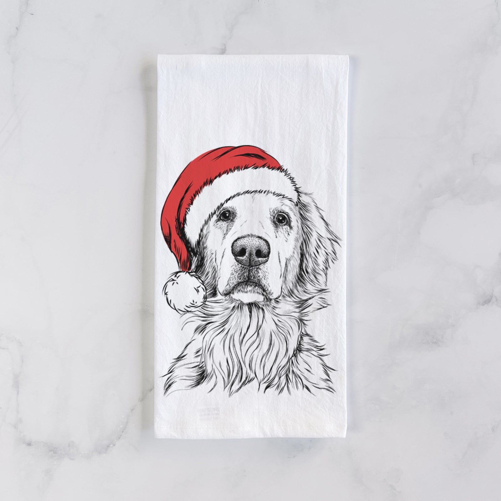 Hand-drawn sketch of Jake aroni the Golden Retriever wearing a Santa hat on a tea towel