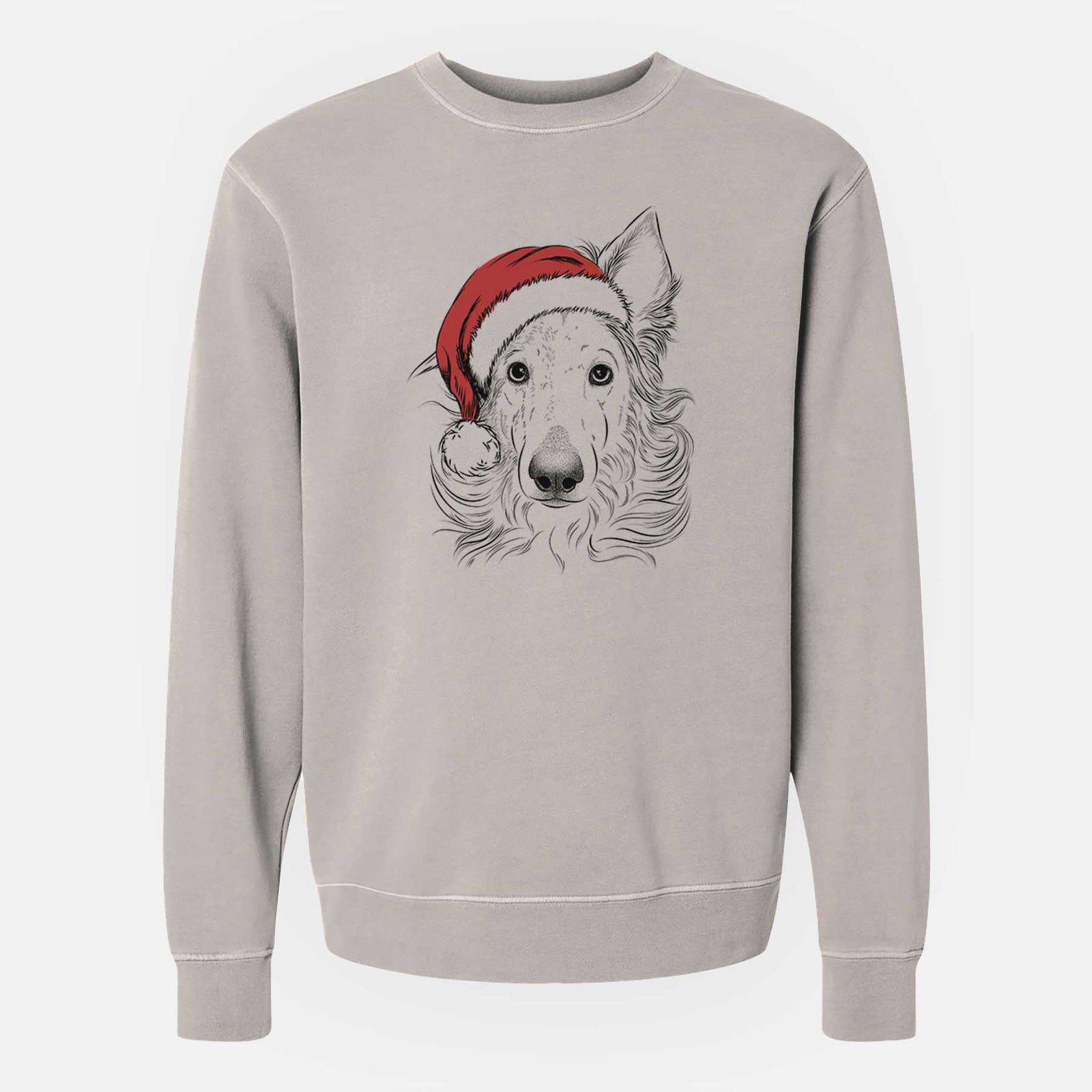 Hand-drawn sketch of Jasha the Borzoi wearing a Santa hat on a Cement Unisex pigment dyed crew sweatshirt