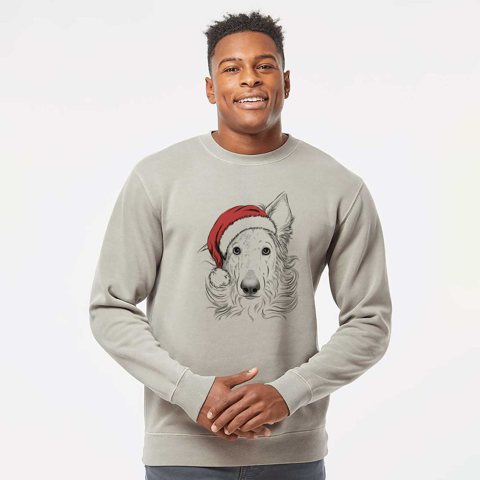 Hand-drawn sketch of Jasha the Borzoi wearing a Santa hat on a Cement Unisex pigment dyed crew sweatshirt
