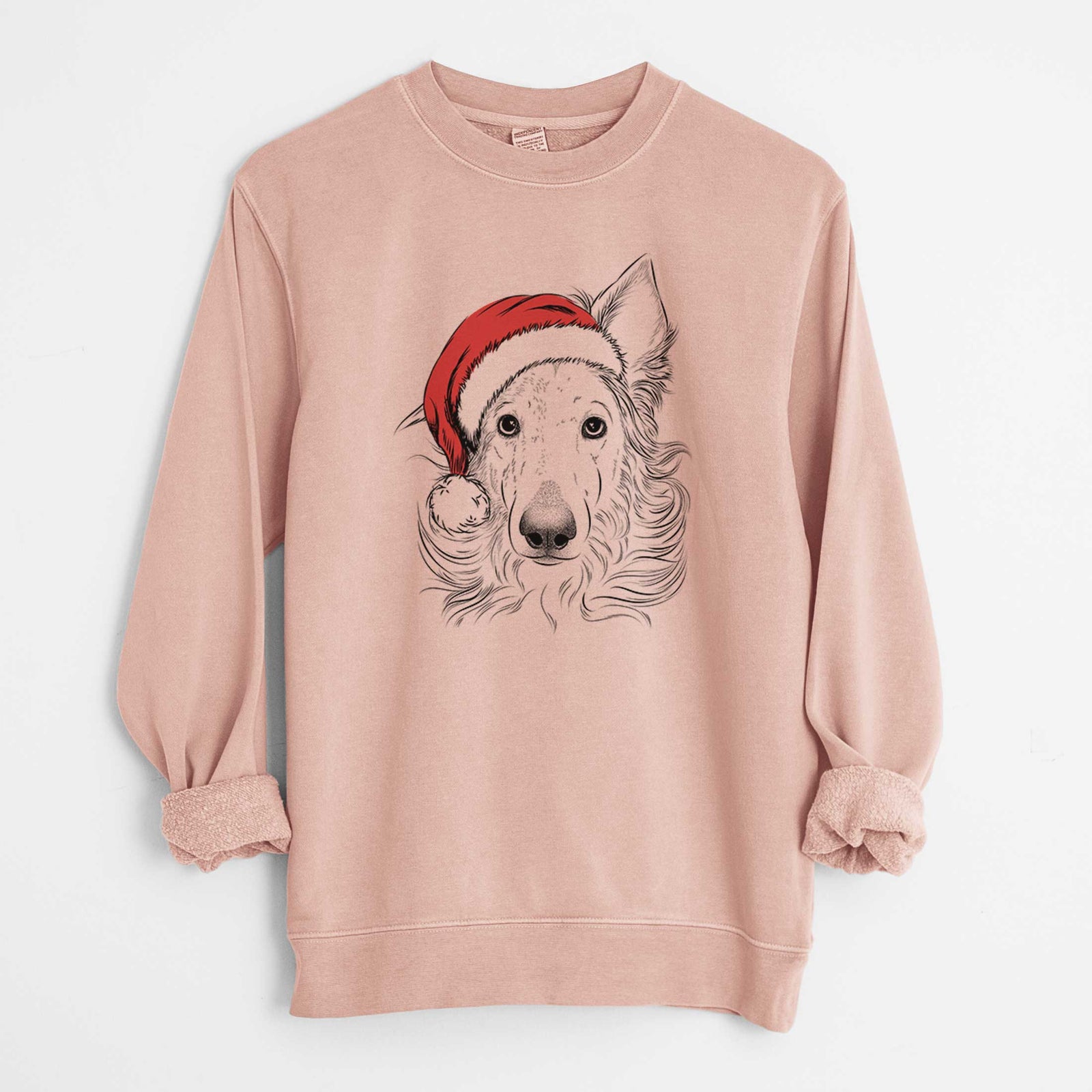 Hand-drawn sketch of Jasha the Borzoi wearing a Santa hat on a Dusty Pink Unisex pigment dyed crew sweatshirt