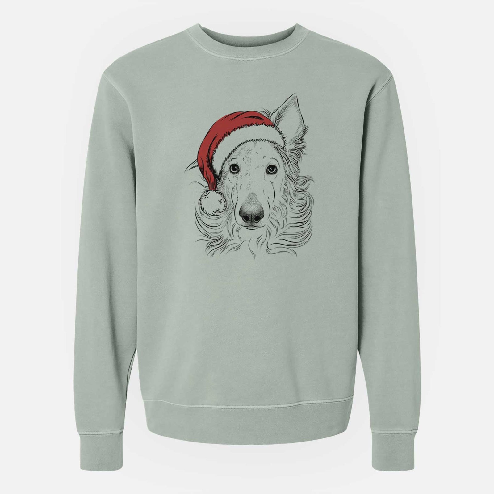 Hand-drawn sketch of Jasha the Borzoi wearing a Santa hat on a Sage Unisex pigment dyed crew sweatshirt