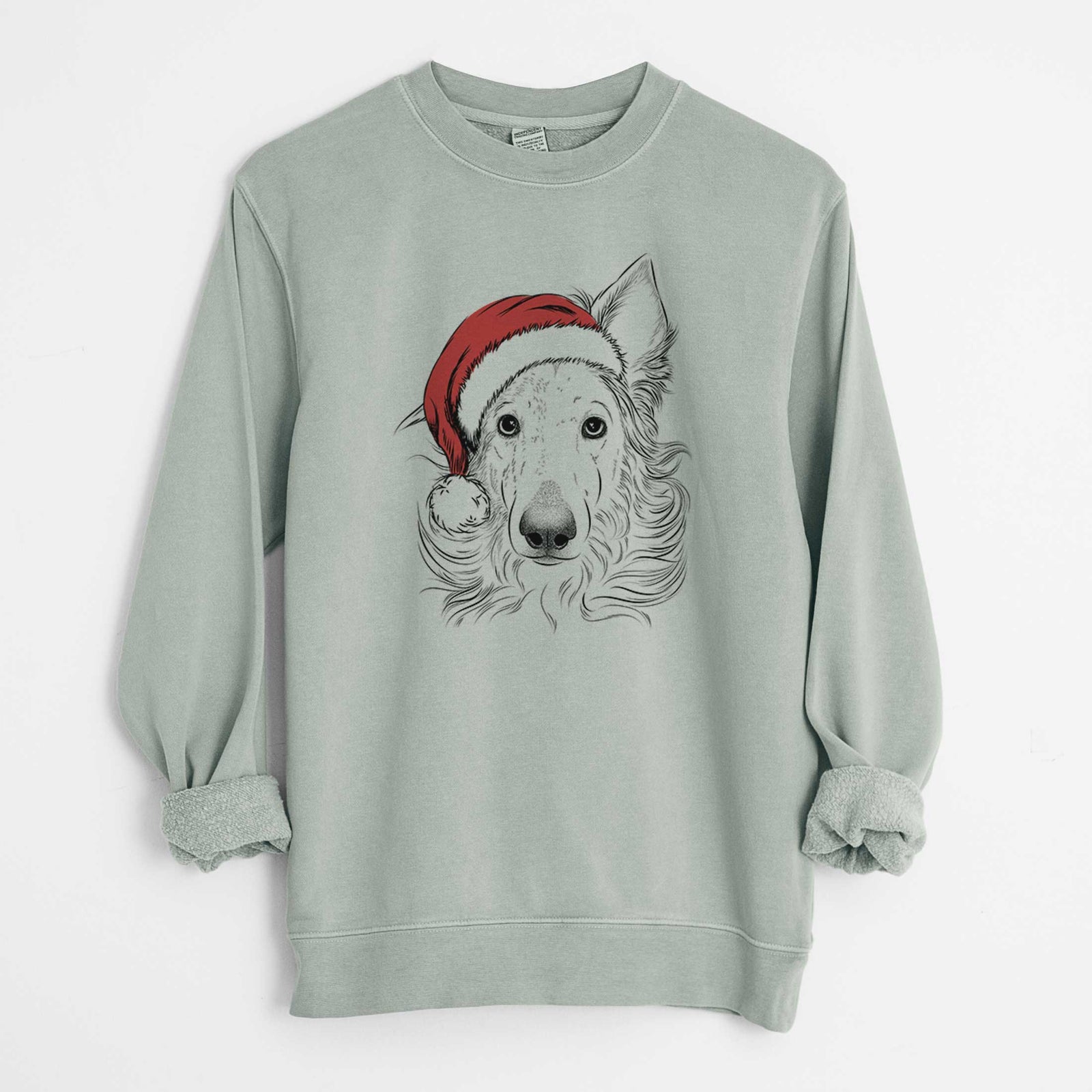 Hand-drawn sketch of Jasha the Borzoi wearing a Santa hat on a Sage Unisex pigment dyed crew sweatshirt