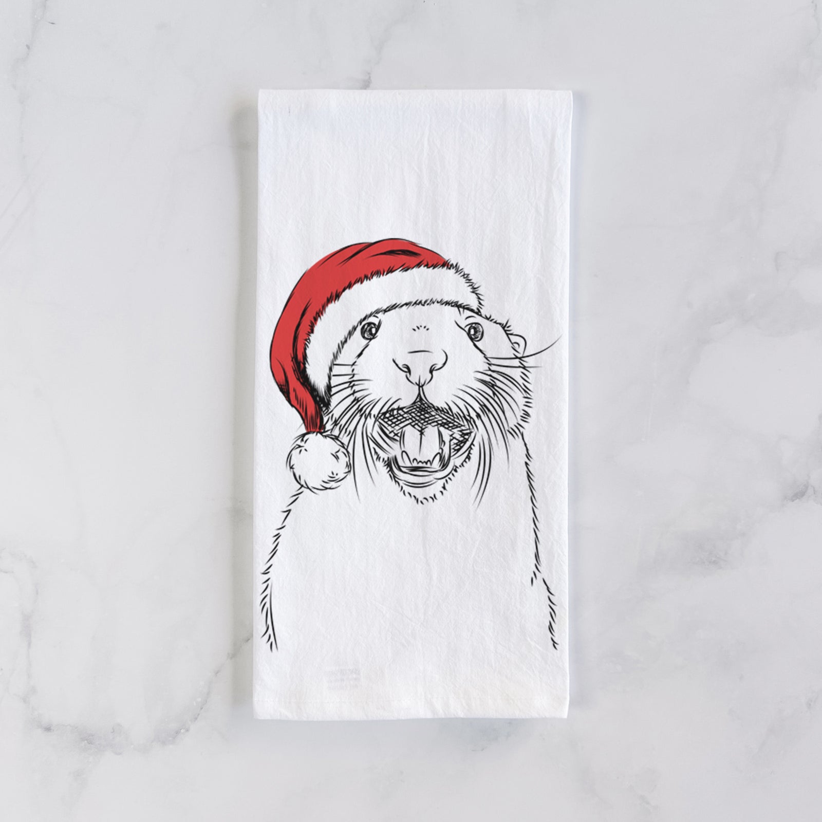 Hand-drawn sketch of Jasper the River Otter wearing a Santa hat on a tea towel