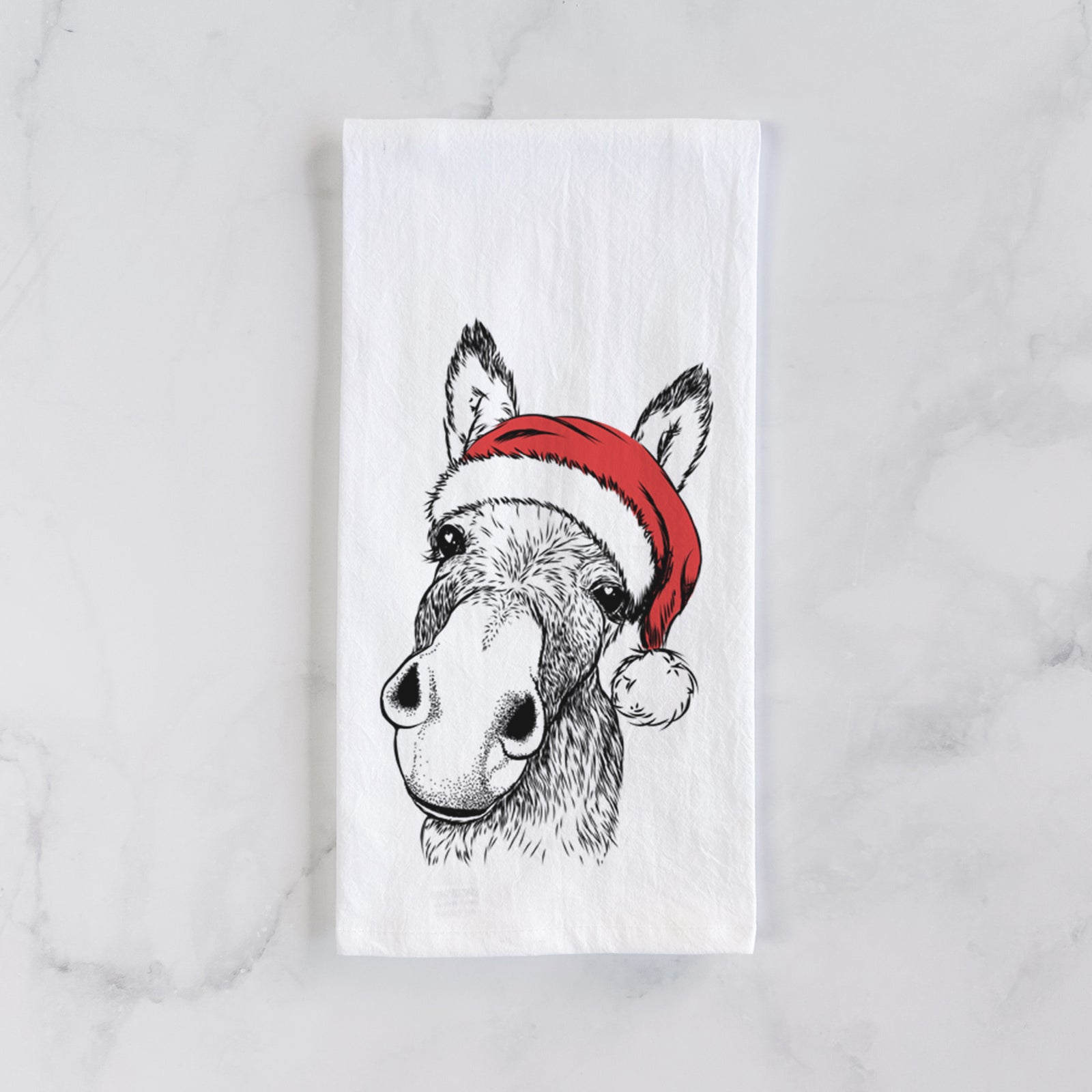 Hand-drawn sketch of Jenny the Donkey wearing a Santa hat on a tea towel