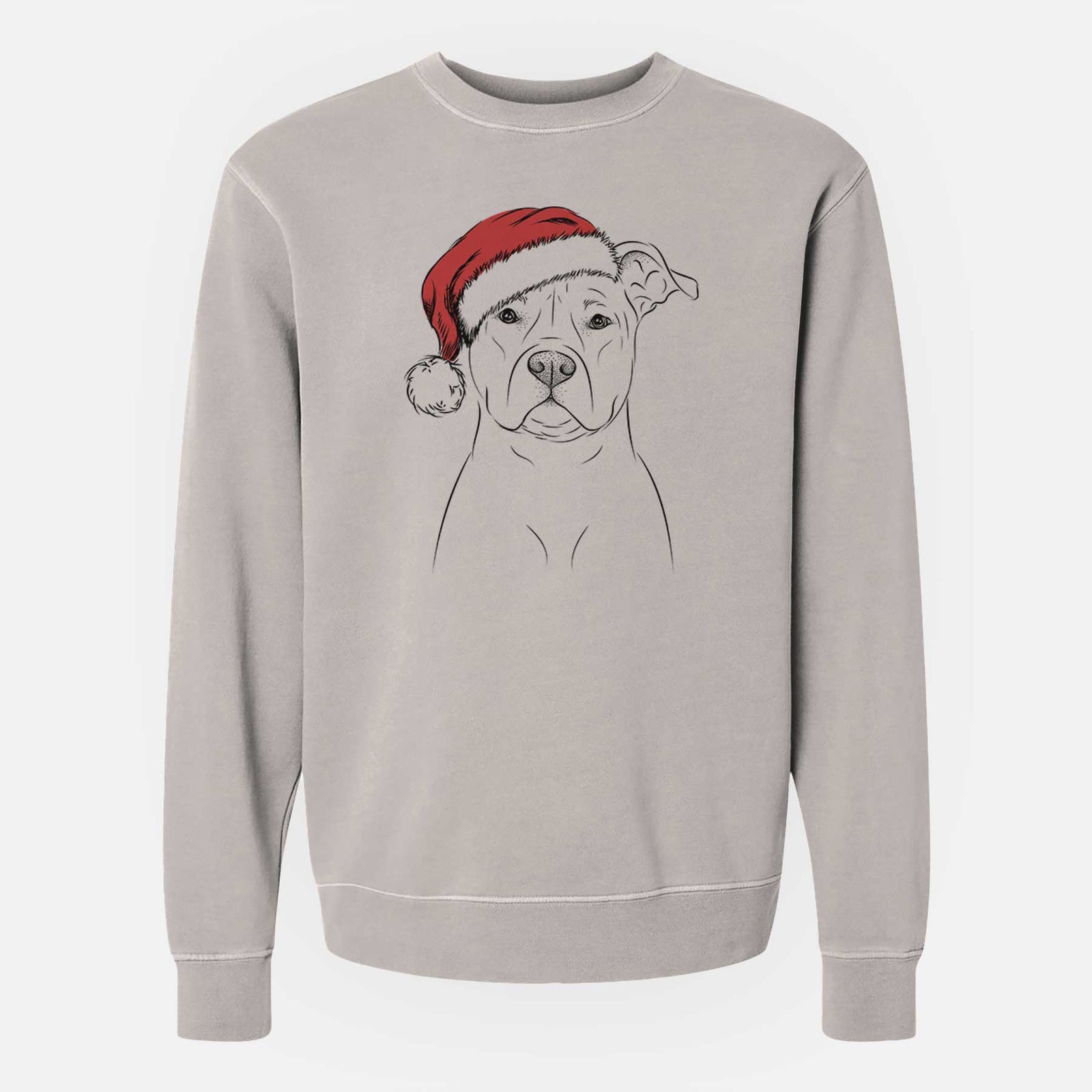 Hand-drawn sketch of Jethro the American Staffordshire Terrier wearing a Santa hat on a Cement Unisex pigment dyed crew sweatshirt