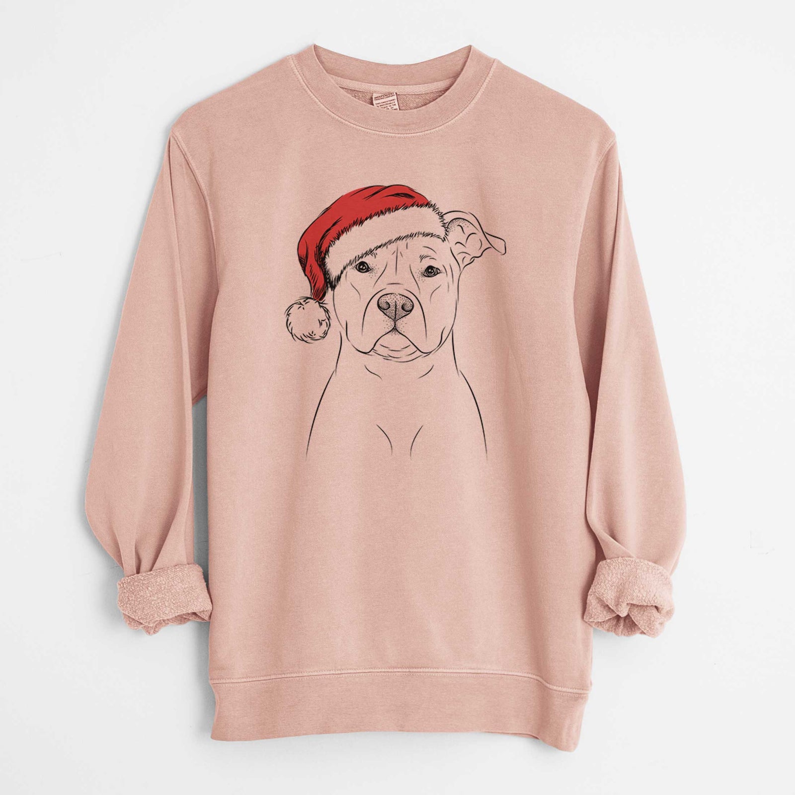 Hand-drawn sketch of Jethro the American Staffordshire Terrier wearing a Santa hat on a Dusty Pink Unisex pigment dyed crew sweatshirt