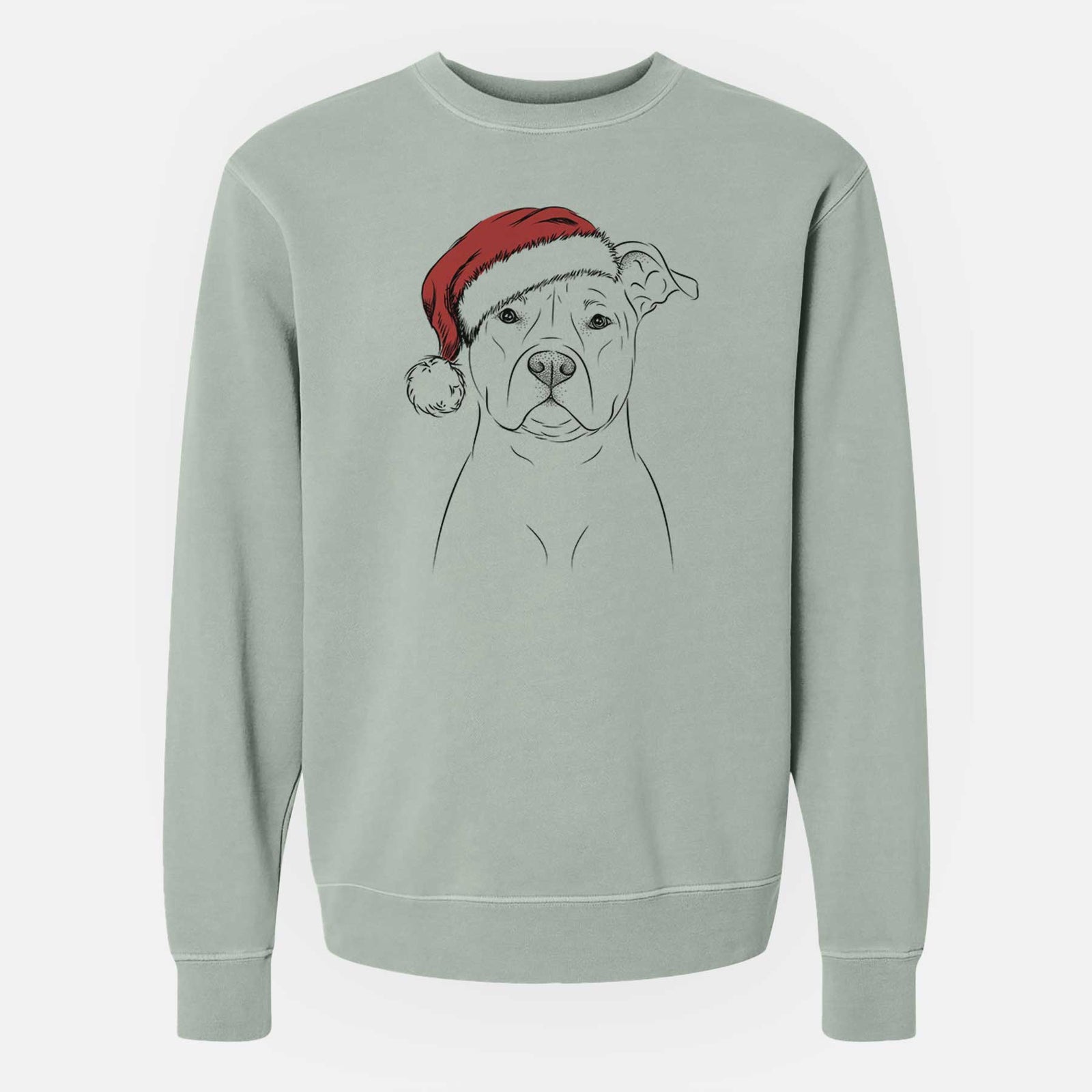 Hand-drawn sketch of Jethro the American Staffordshire Terrier wearing a Santa hat on a Sage Unisex pigment dyed crew sweatshirt