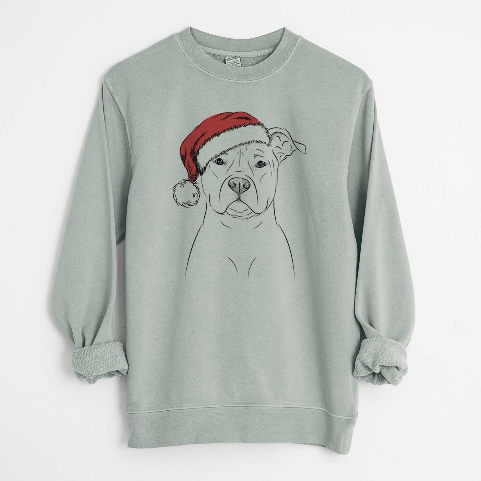 Hand-drawn sketch of Jethro the American Staffordshire Terrier wearing a Santa hat on a Sage Unisex pigment dyed crew sweatshirt