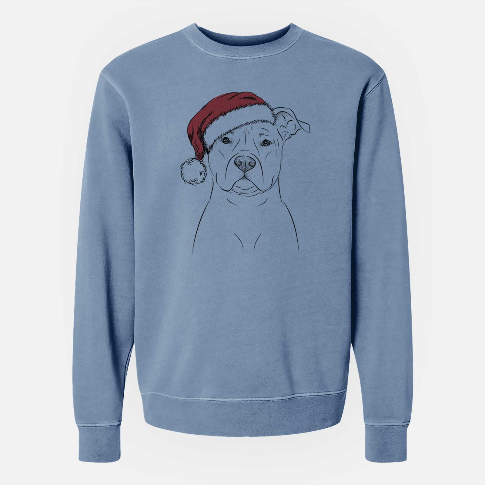 Hand-drawn sketch of Jethro the American Staffordshire Terrier wearing a Santa hat on a Slate Blue Unisex pigment dyed crew sweatshirt